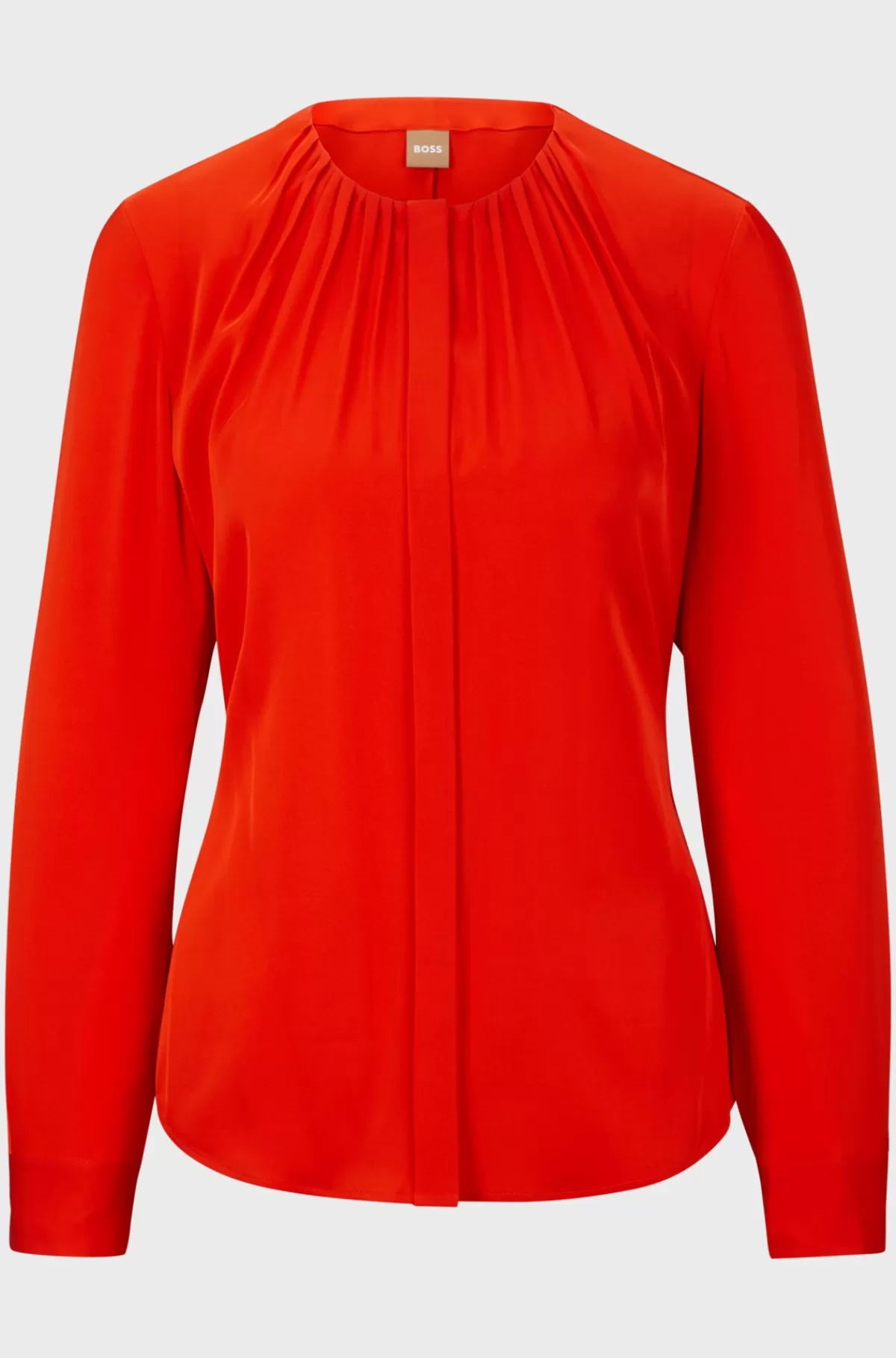 HUGO BOSS Dameskjorte Med Rynket Hals I Silke Crepe De Chine Med Stræk Rød Best Sale