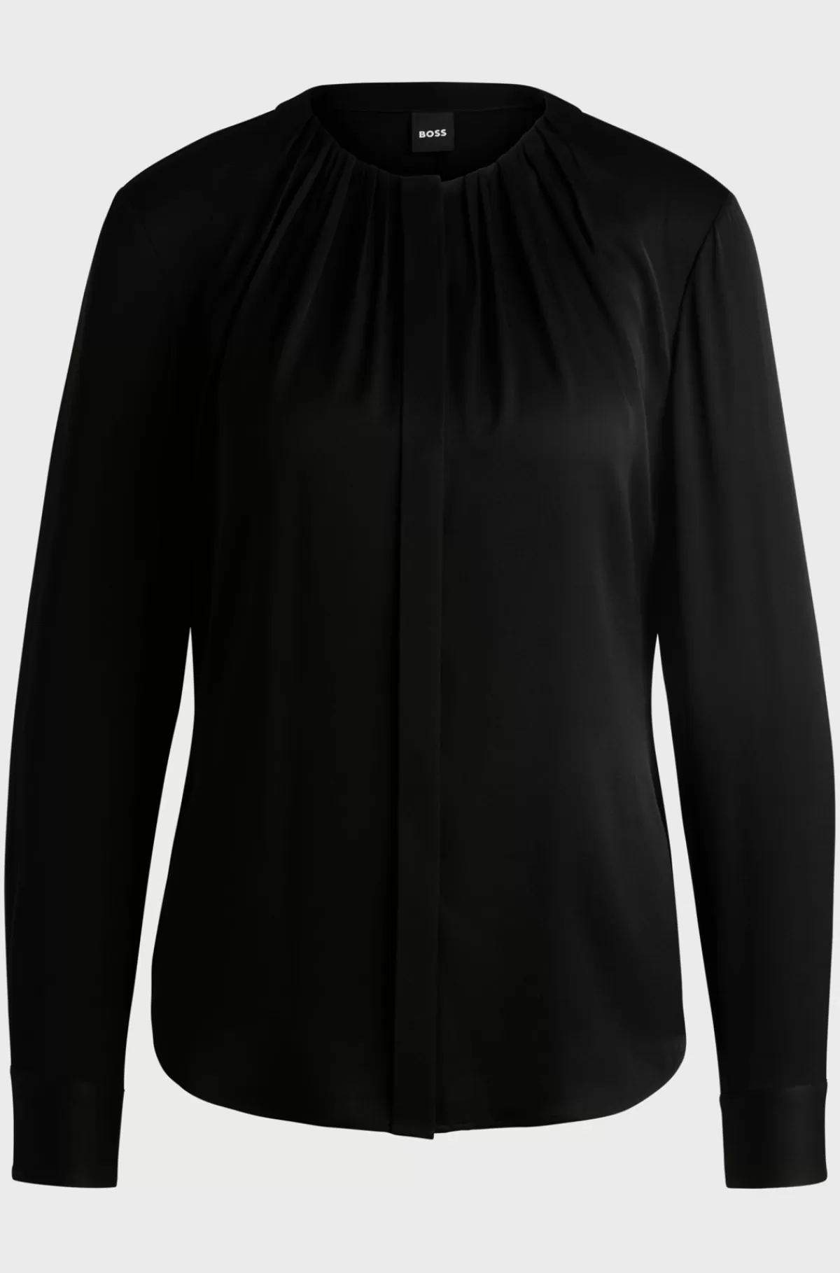 HUGO BOSS Dameskjorte Med Rynket Hals I Silke Crepe De Chine Med Stræk Sort Hot