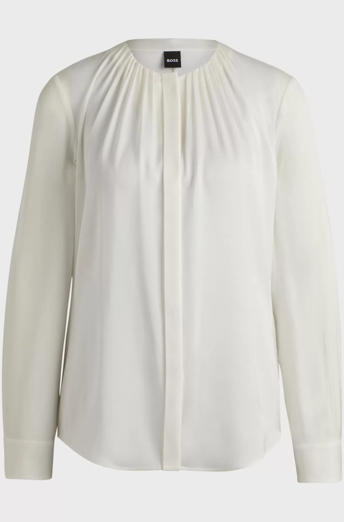 HUGO BOSS Dameskjorte Med Rynket Hals I Silke Crepe De Chine Med Stræk Hvid Shop
