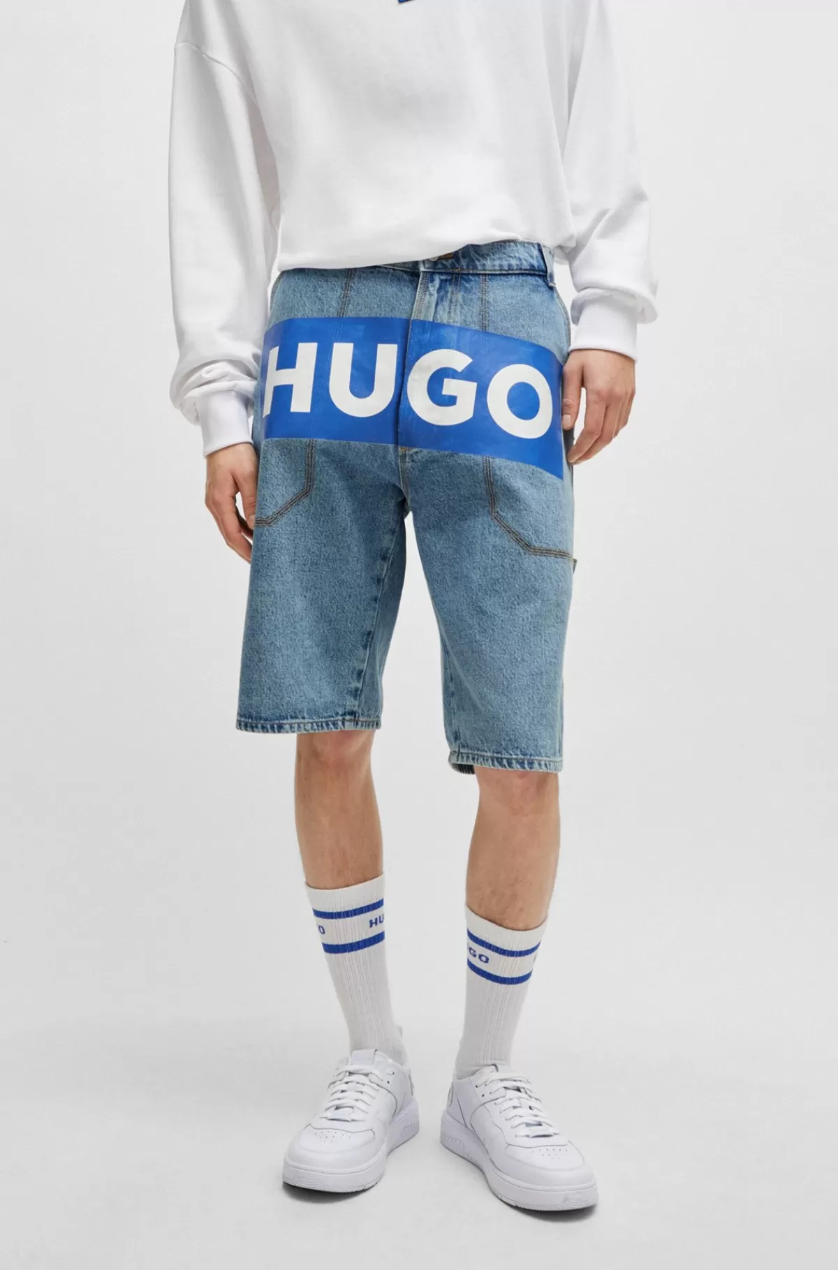 HUGO BOSS Denimshorts Med Logoprint Blå Best Sale