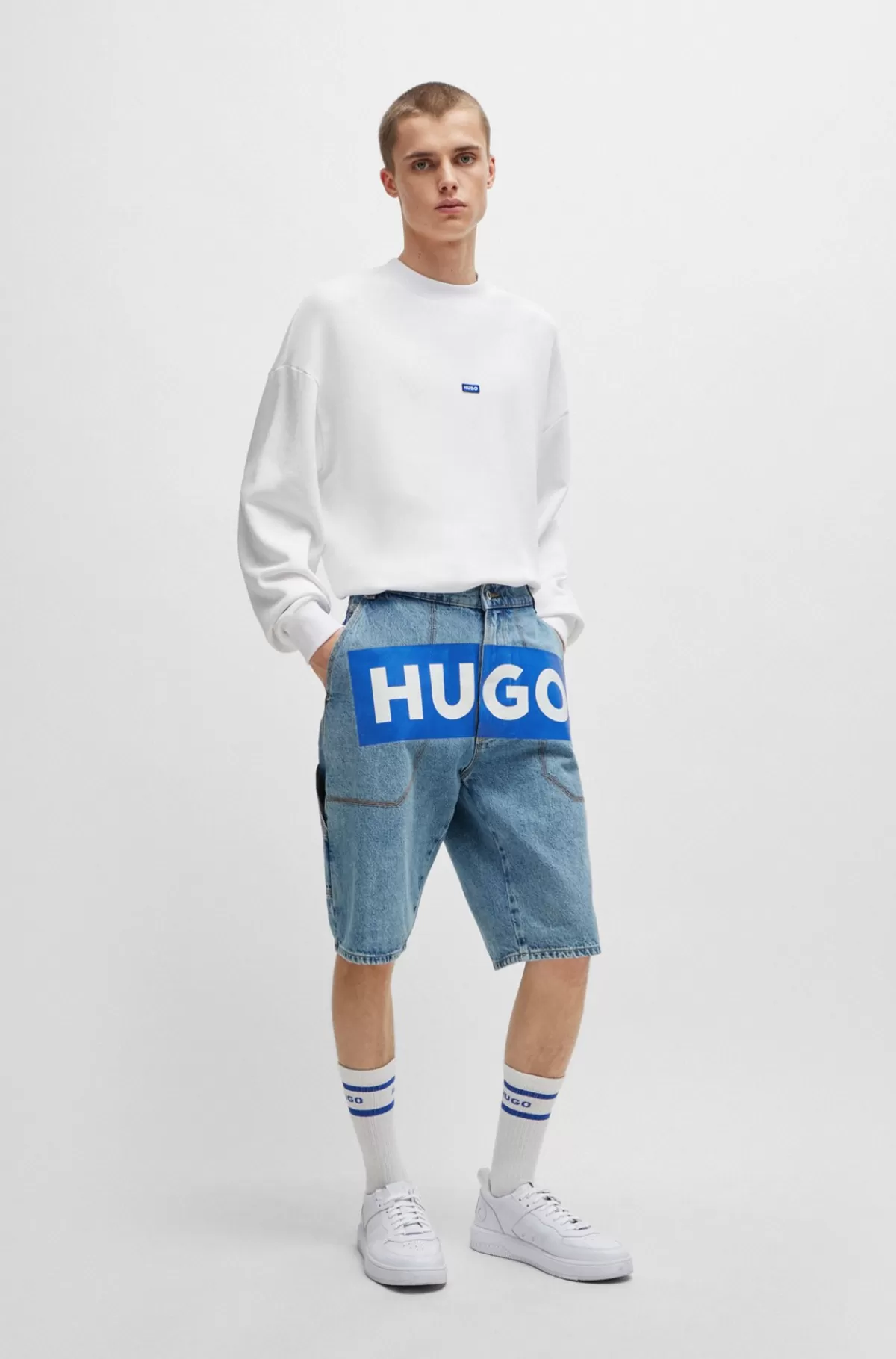 HUGO BOSS Denimshorts Med Logoprint Blå Best Sale