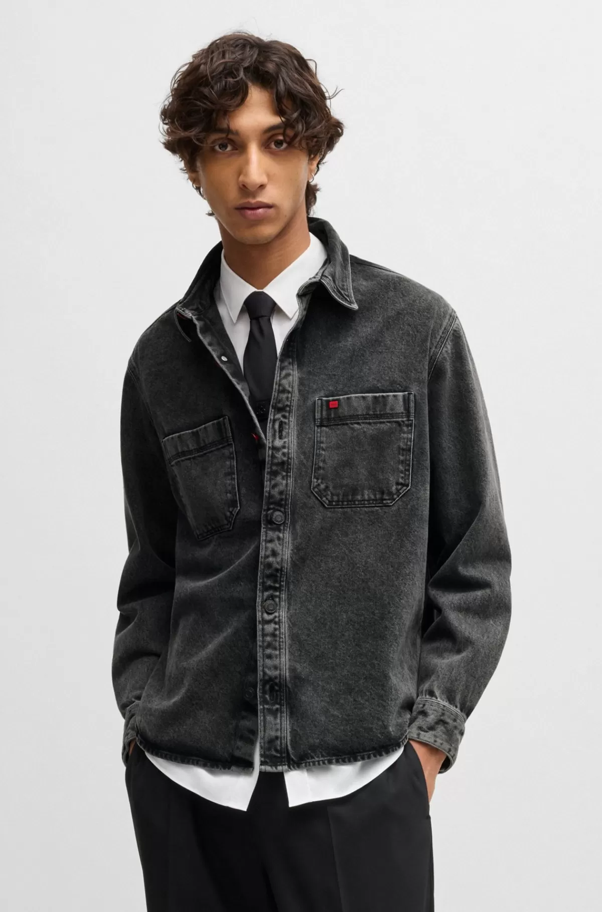 HUGO BOSS Denimskjorte Med Oversize Fit Og Påsyede Lommer Mørkegrå Shop
