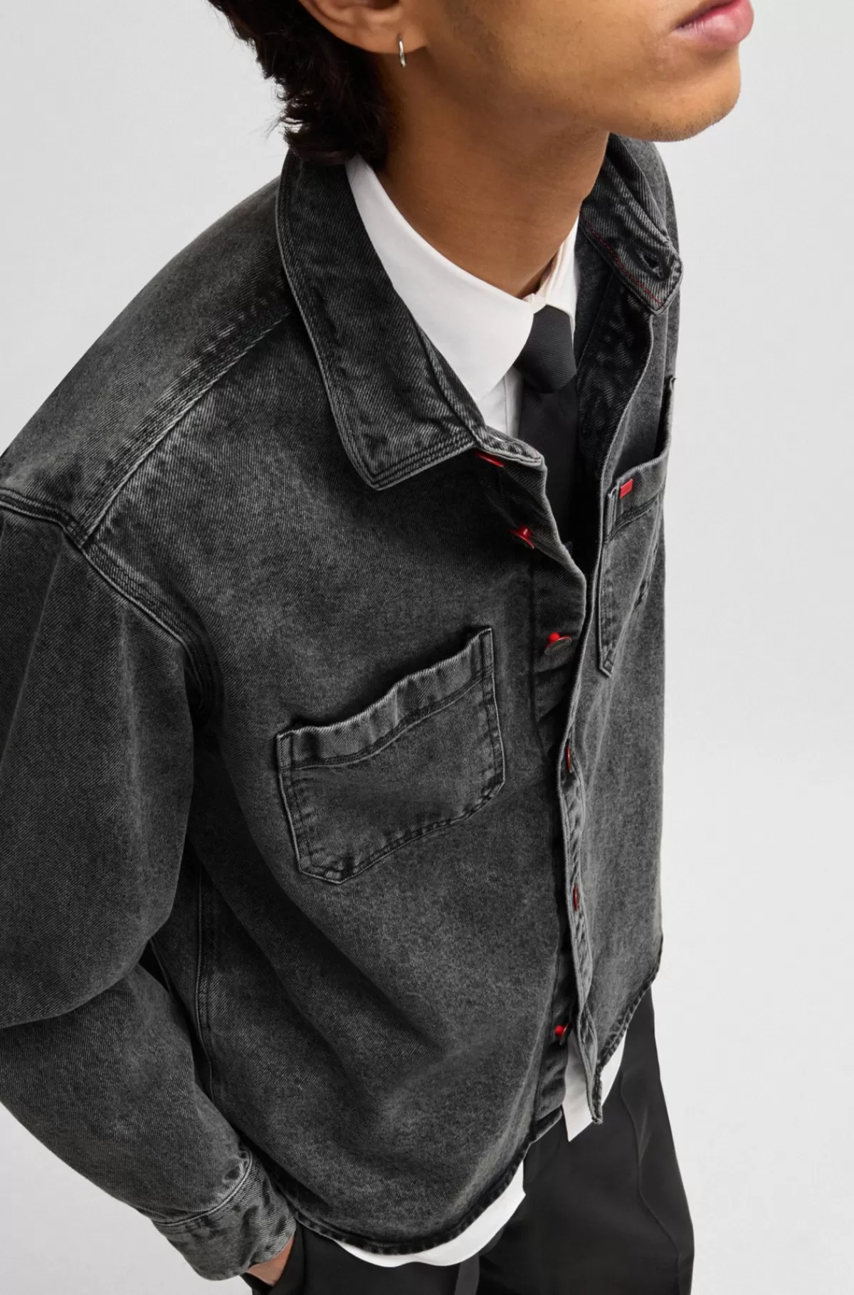 HUGO BOSS Denimskjorte Med Oversize Fit Og Påsyede Lommer Mørkegrå Shop