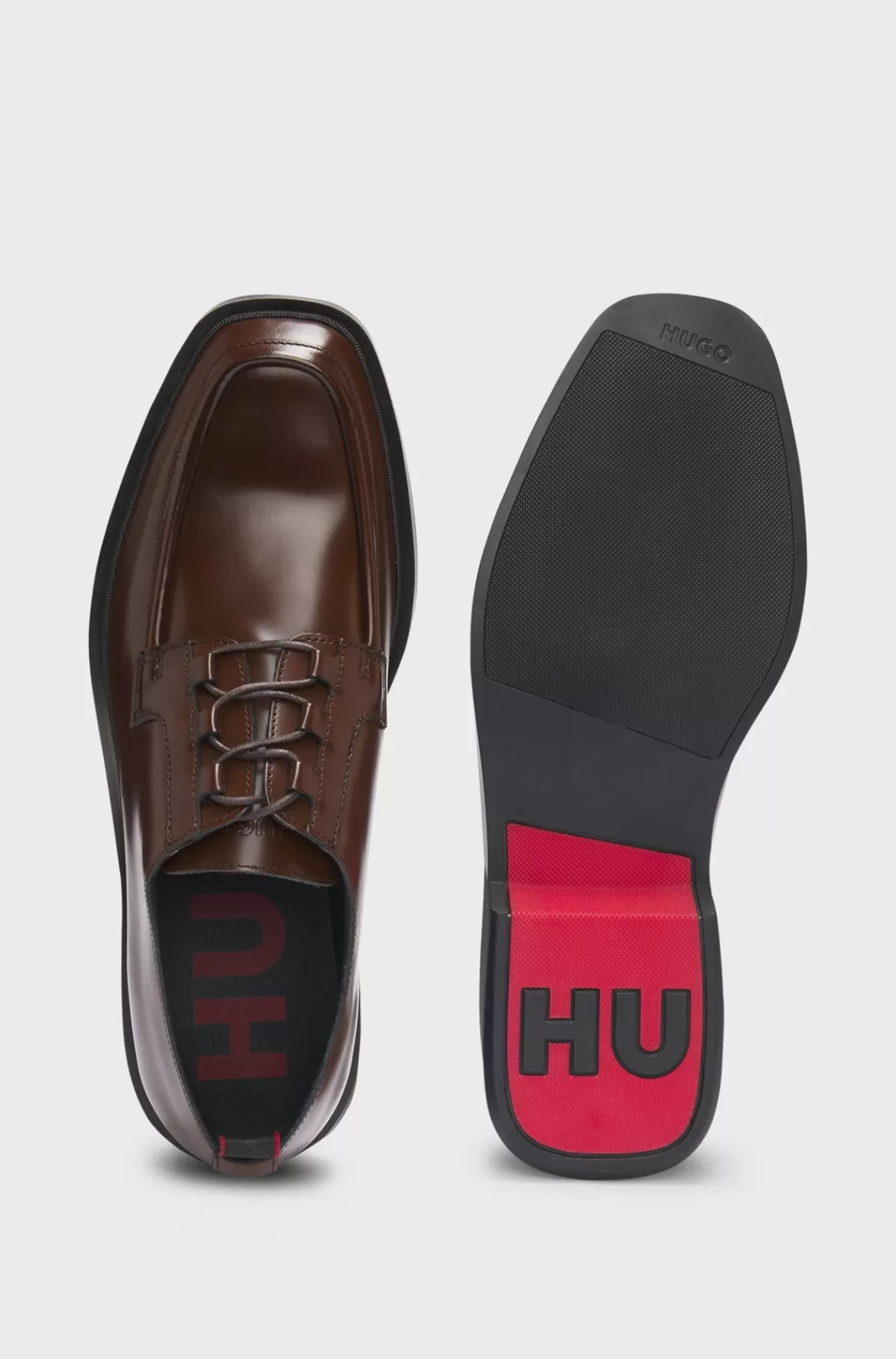 HUGO BOSS Derby-sko I Læder Med Firkantet Tå Og Pyntet Med Kantbånd Mørkebrun Discount