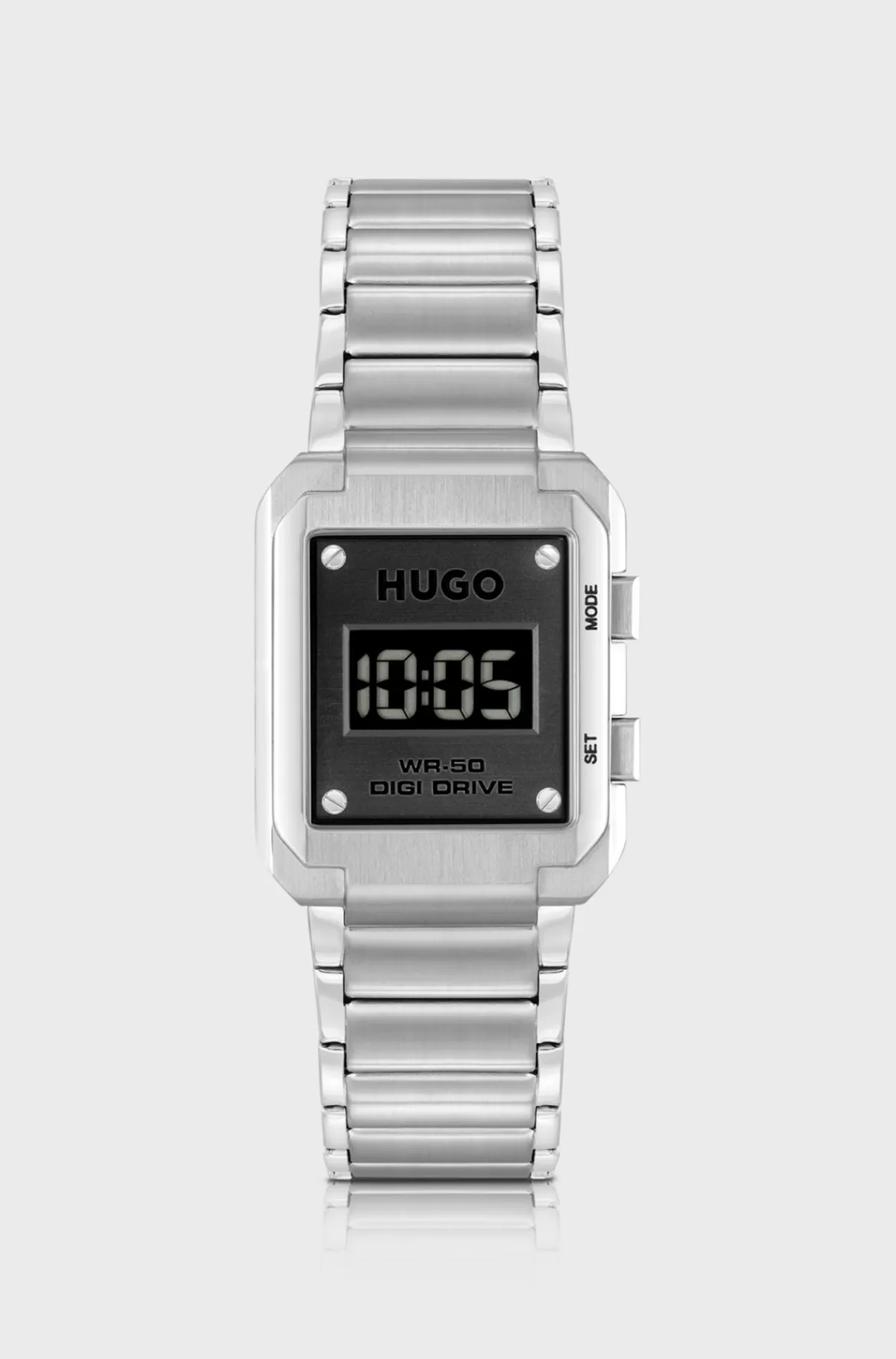 HUGO BOSS Digitalt Armbåndsur Med Kæderem Og Sort Urskive Sølv New
