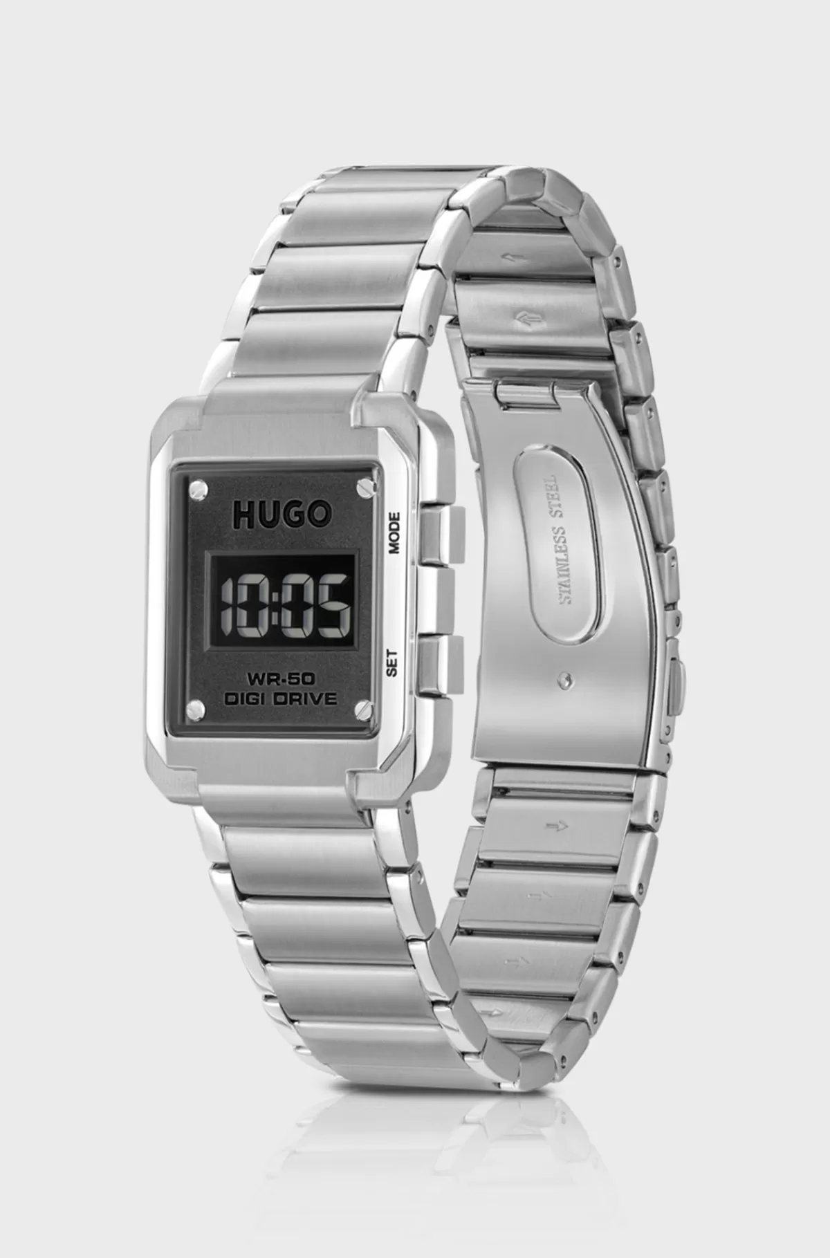 HUGO BOSS Digitalt Armbåndsur Med Kæderem Og Sort Urskive Sølv New