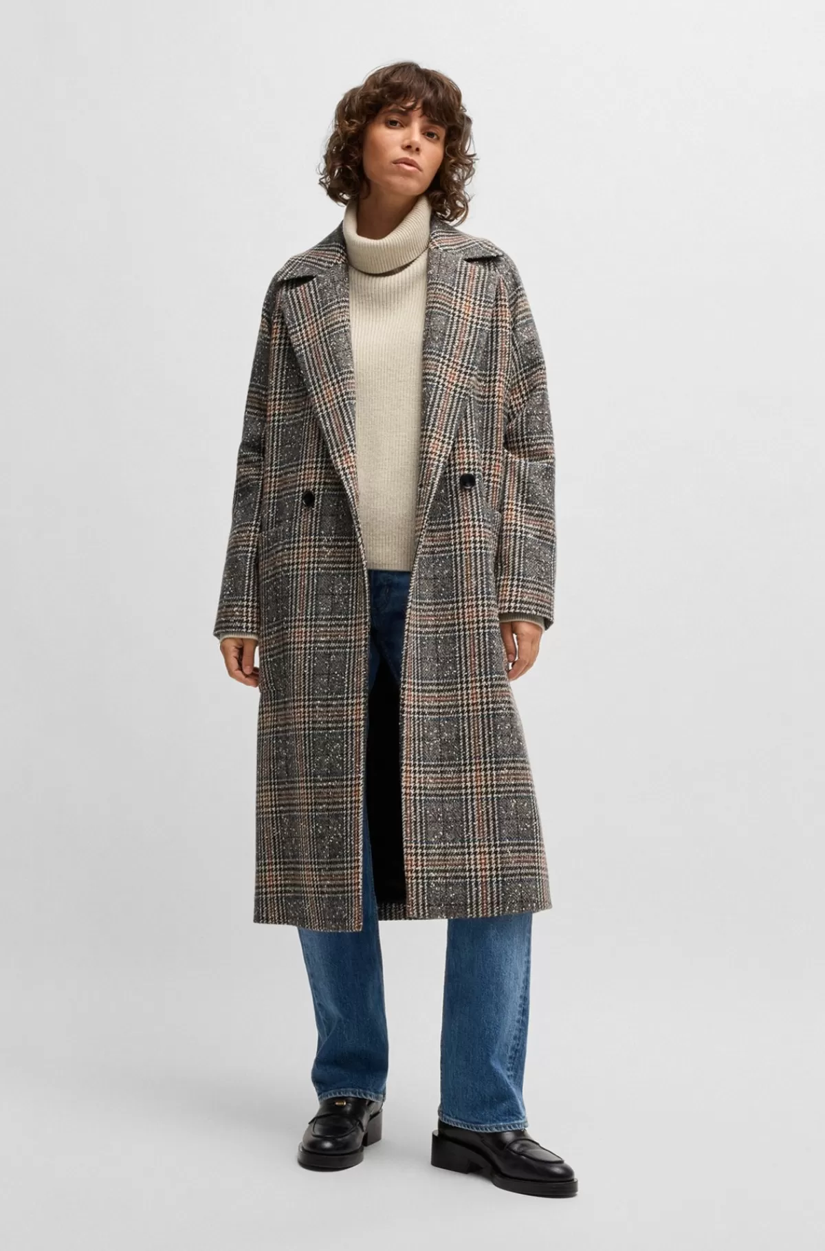HUGO BOSS Dobbeltradet Frakke I Tweed Med Prince Of Wales-tern Og Loose Fit Mønstret Sale