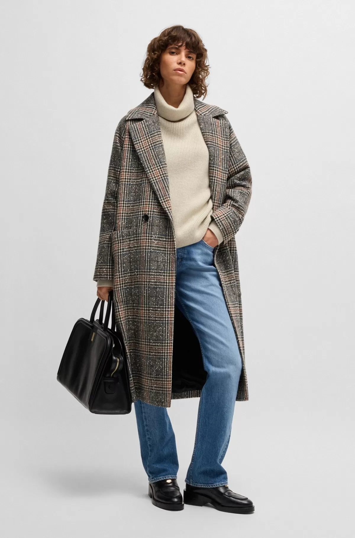 HUGO BOSS Dobbeltradet Frakke I Tweed Med Prince Of Wales-tern Og Loose Fit Mønstret Sale
