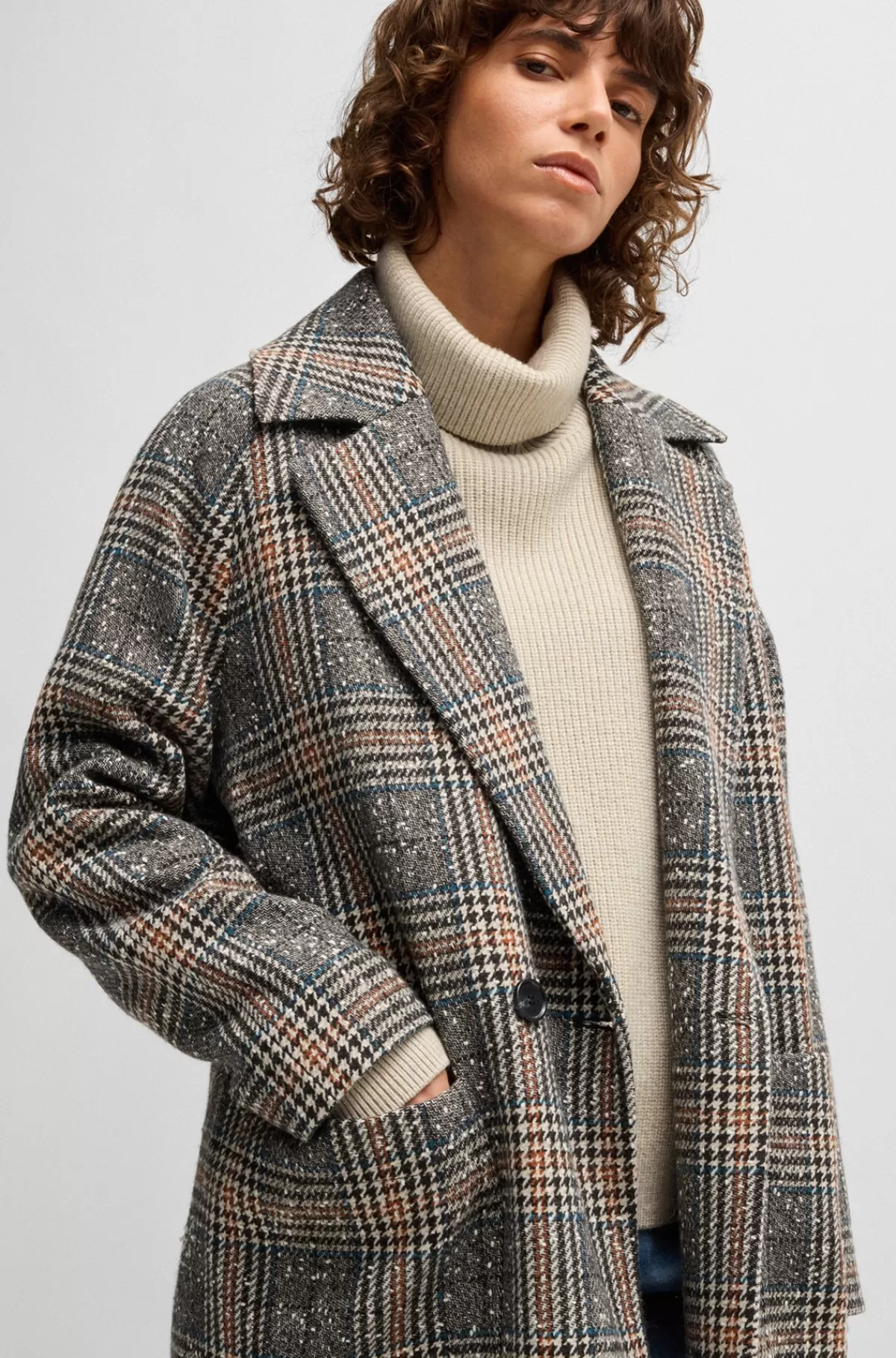 HUGO BOSS Dobbeltradet Frakke I Tweed Med Prince Of Wales-tern Og Loose Fit Mønstret Sale