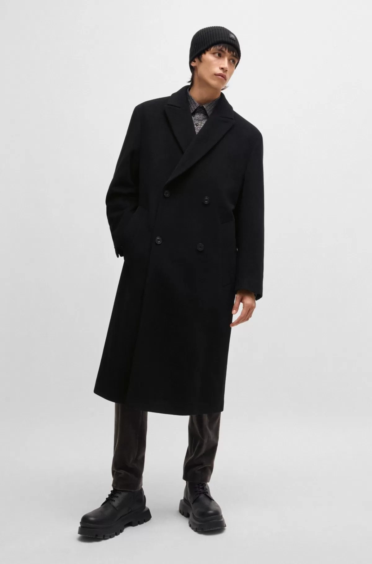 HUGO BOSS Dobbeltradet Frakke I Uldblanding Sort Fashion