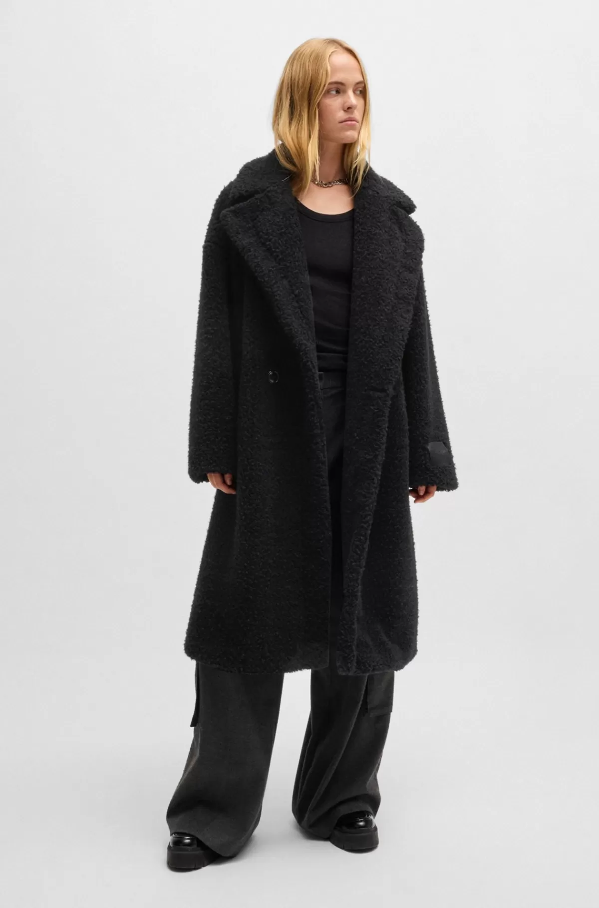HUGO BOSS Dobbeltradet Frakke Med Oversize Fit I Imiteret Pels Sort Online