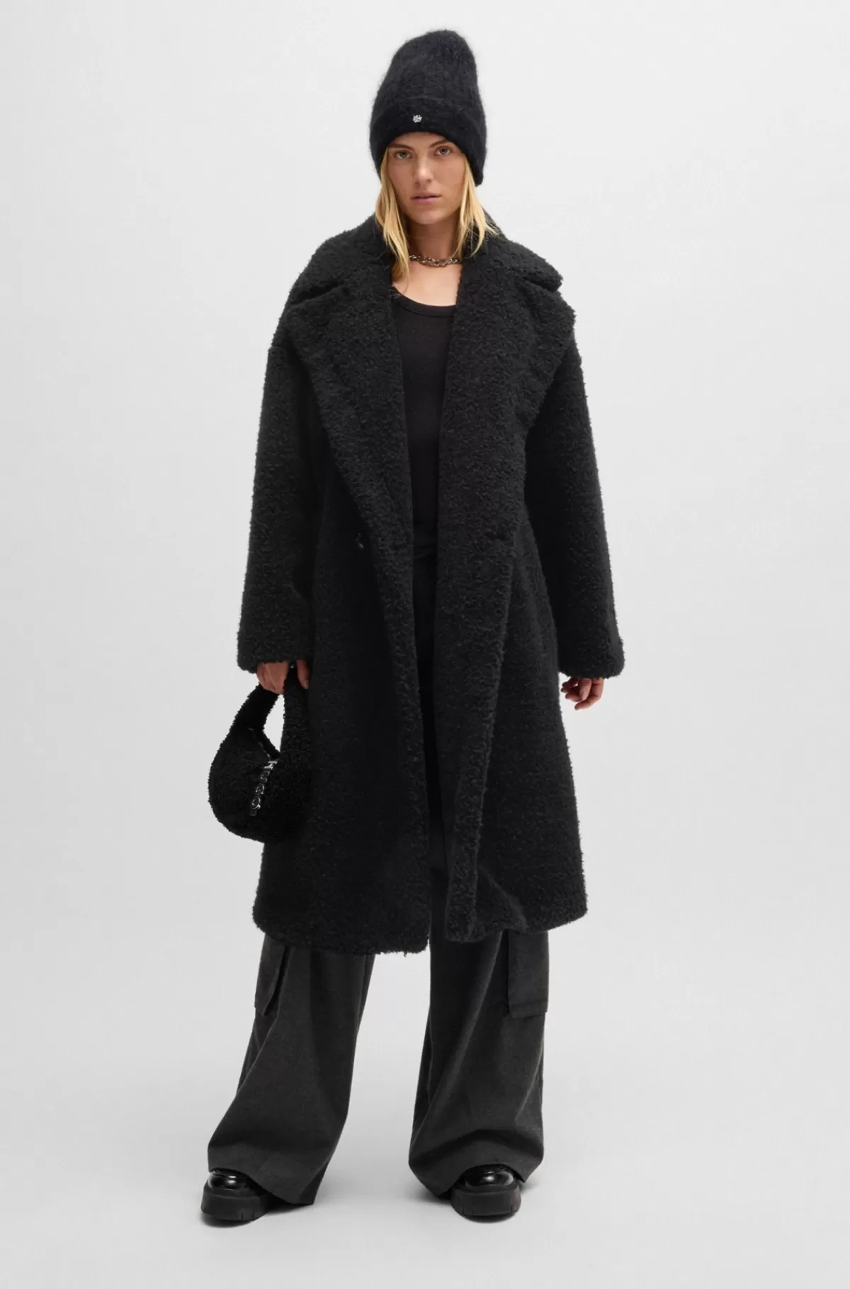 HUGO BOSS Dobbeltradet Frakke Med Oversize Fit I Imiteret Pels Sort Online