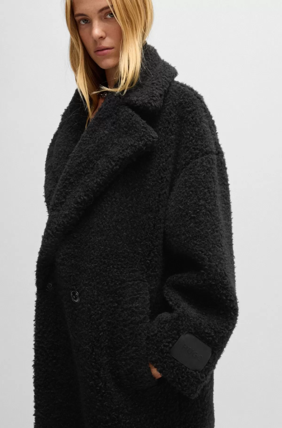 HUGO BOSS Dobbeltradet Frakke Med Oversize Fit I Imiteret Pels Sort Online