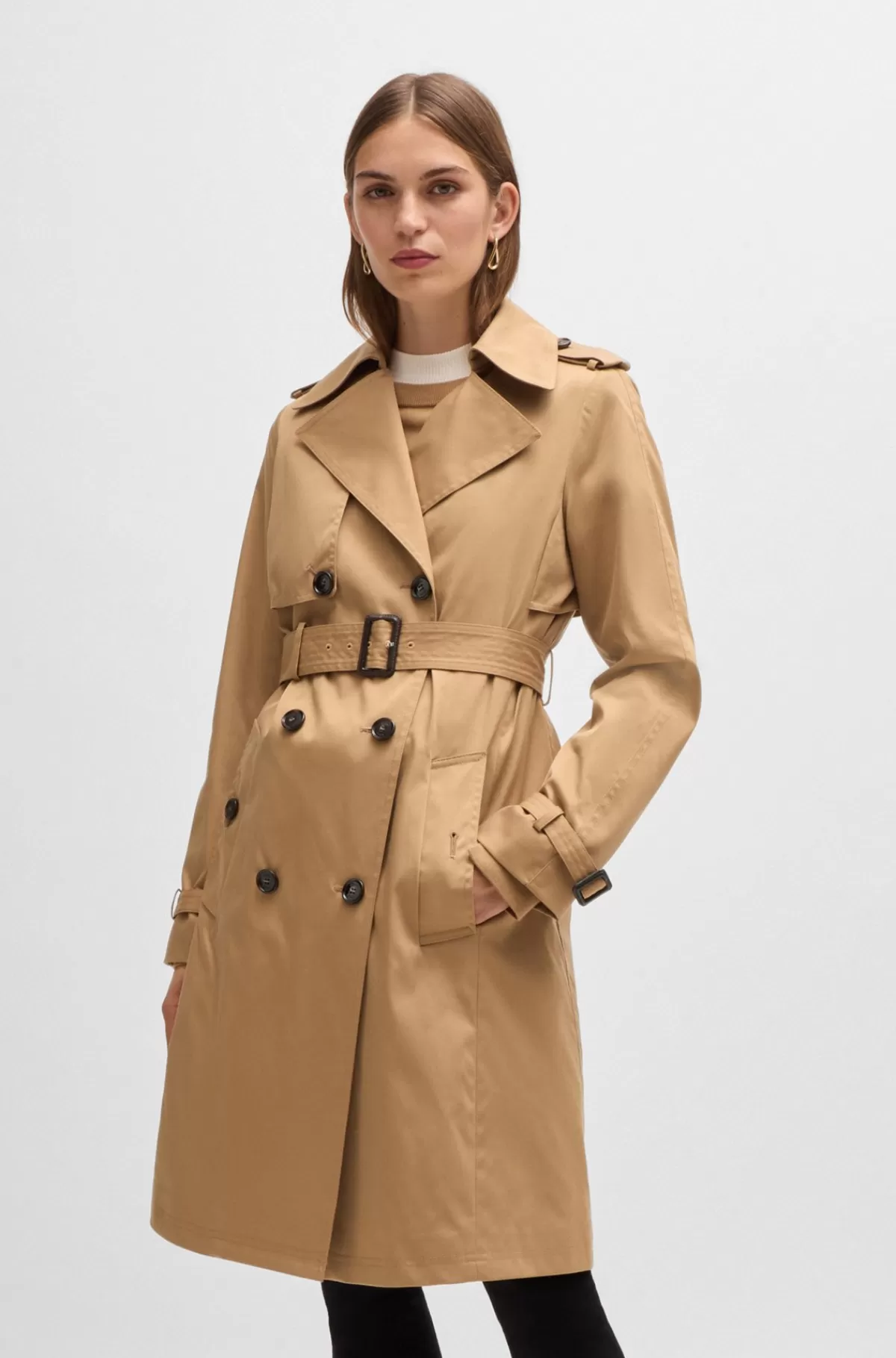 HUGO BOSS Dobbeltradet Trenchcoat Med Bælte Med Spænde Beige Cheap
