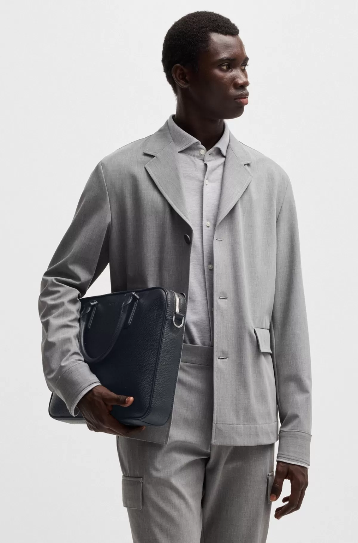 HUGO BOSS Dokumentmappe I Italiensk Læder Med Signaturdetaljer Sort New
