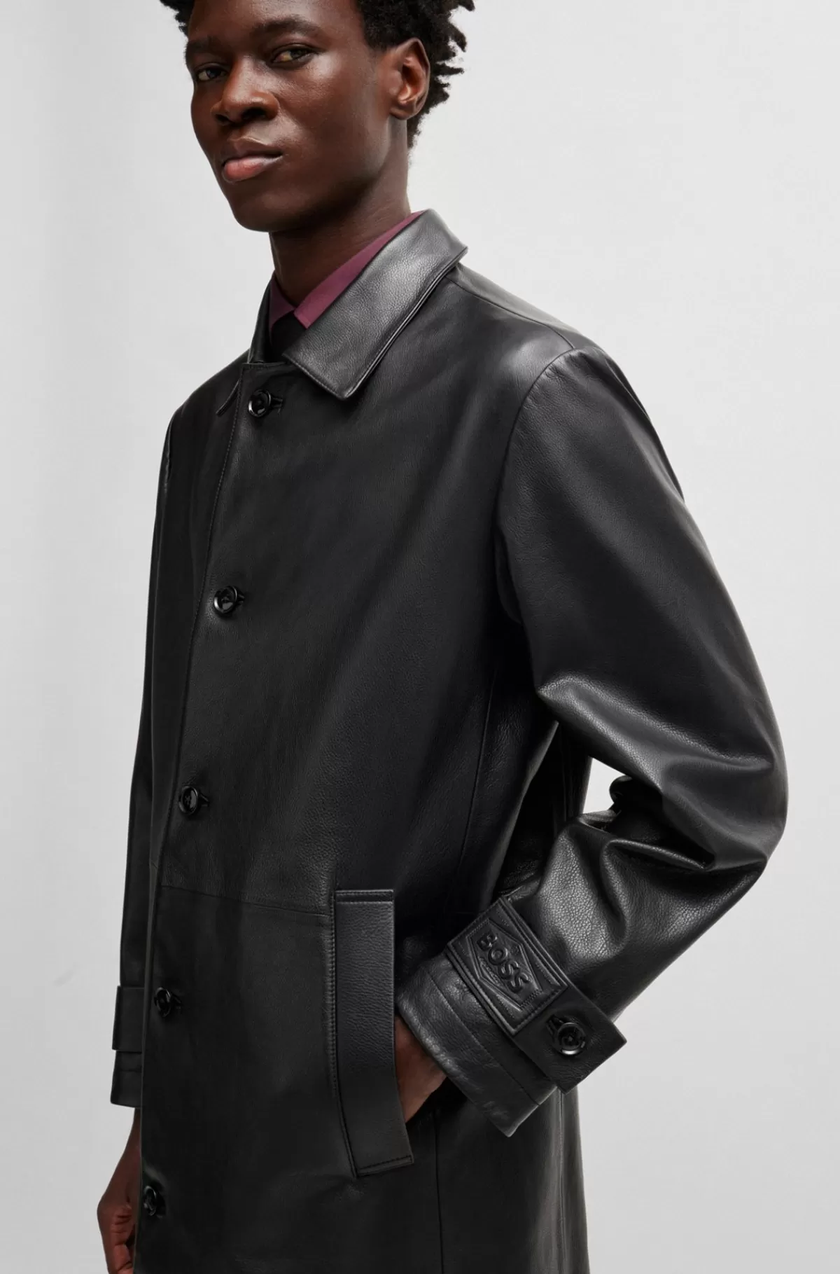 HUGO BOSS En Frakke Med Regular Fit I Læder Med Jersey På Indersiden Sort Store