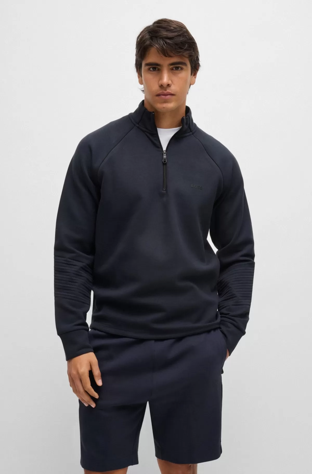 HUGO BOSS En Sweatshirt I Bomuld Med Stræk, Lynlås I Halsen Og Grafisk Prægning Mørkeblå Online