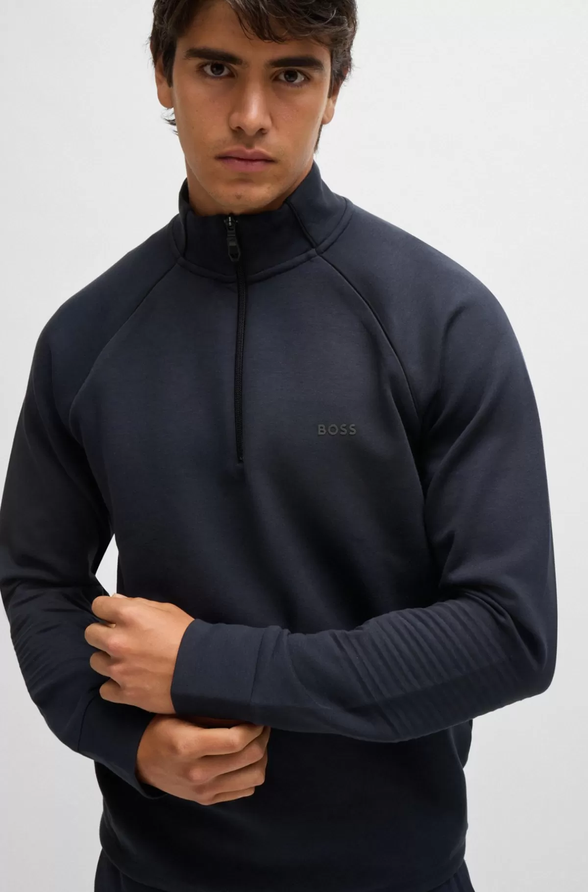 HUGO BOSS En Sweatshirt I Bomuld Med Stræk, Lynlås I Halsen Og Grafisk Prægning Mørkeblå Online
