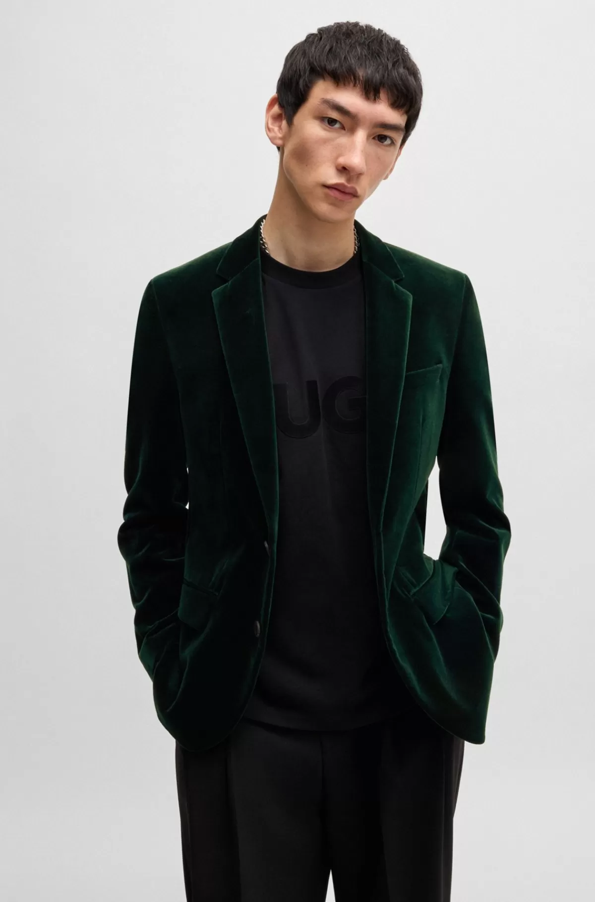 HUGO BOSS Enkeltradet Jakke Af Bomuldsvelour Med Slim Fit Mørkegrøn Hot