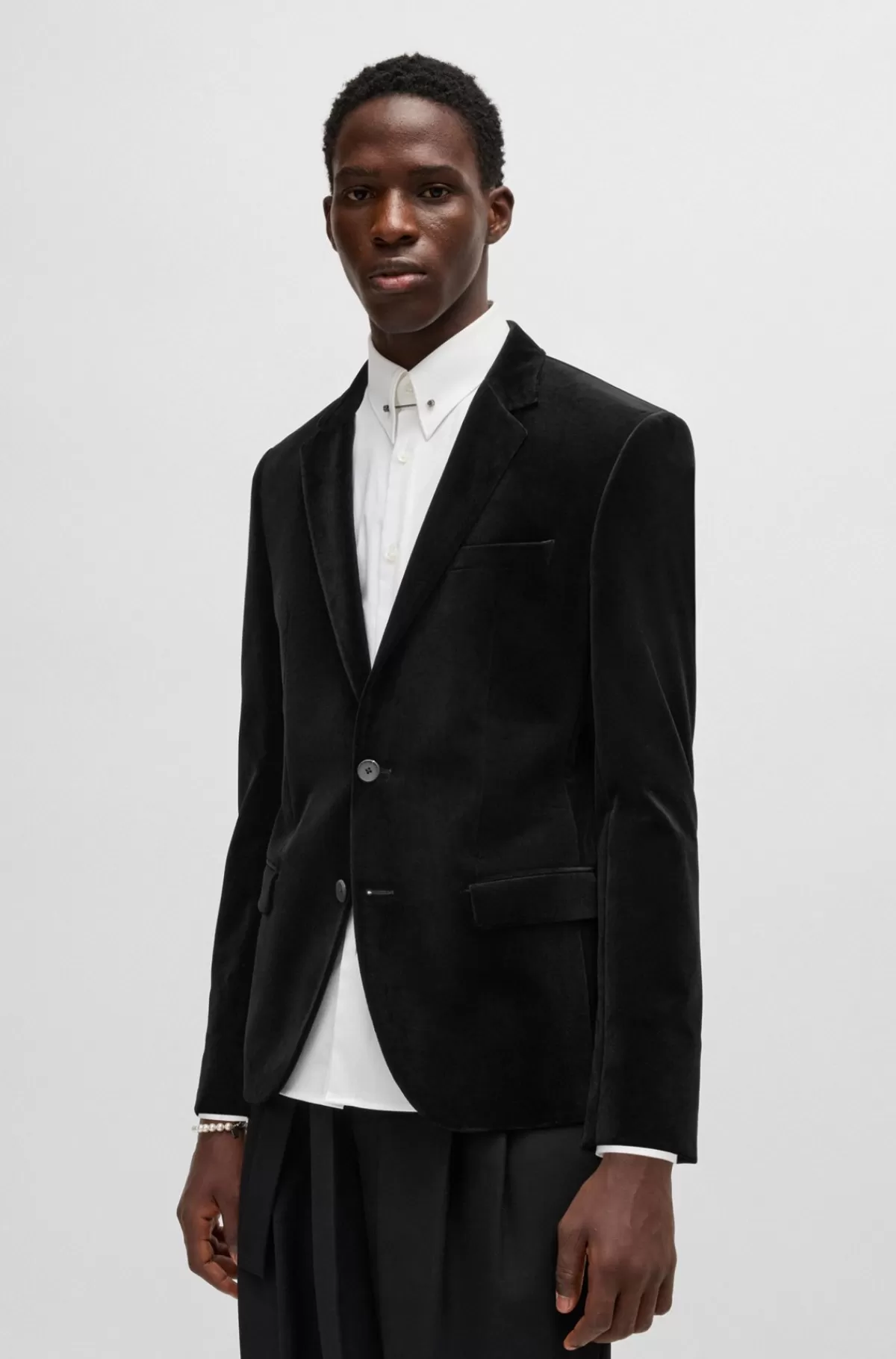 HUGO BOSS Enkeltradet Jakke Af Bomuldsvelour Med Slim Fit Sort New