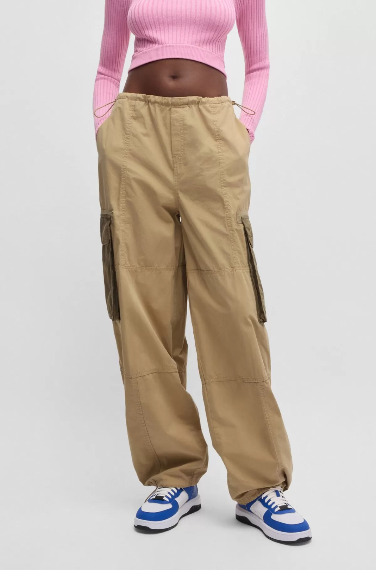 HUGO BOSS Faldskærmsbukser I Bomuld Med Oversize Fit Og Cargolommer Lys beige Outlet