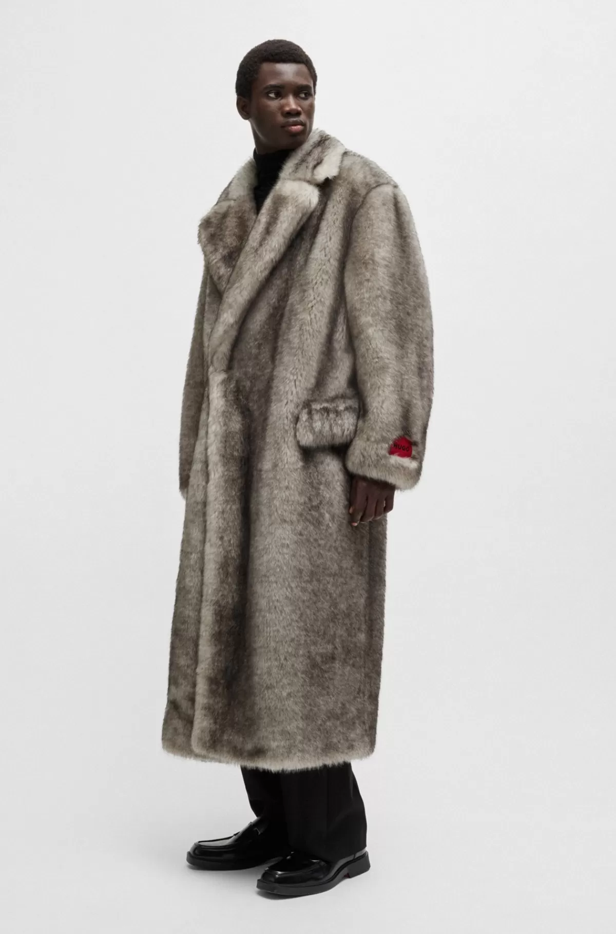 HUGO BOSS Frakke I Imiteret Pels Med Dobbeltradet Lukning Grå Clearance