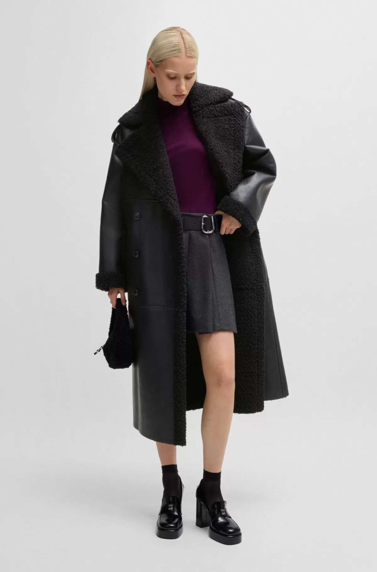 HUGO BOSS Frakke Med Oversize Fit I Imiteret Læder Med Detaljer I Imiteret Pels Sort Store