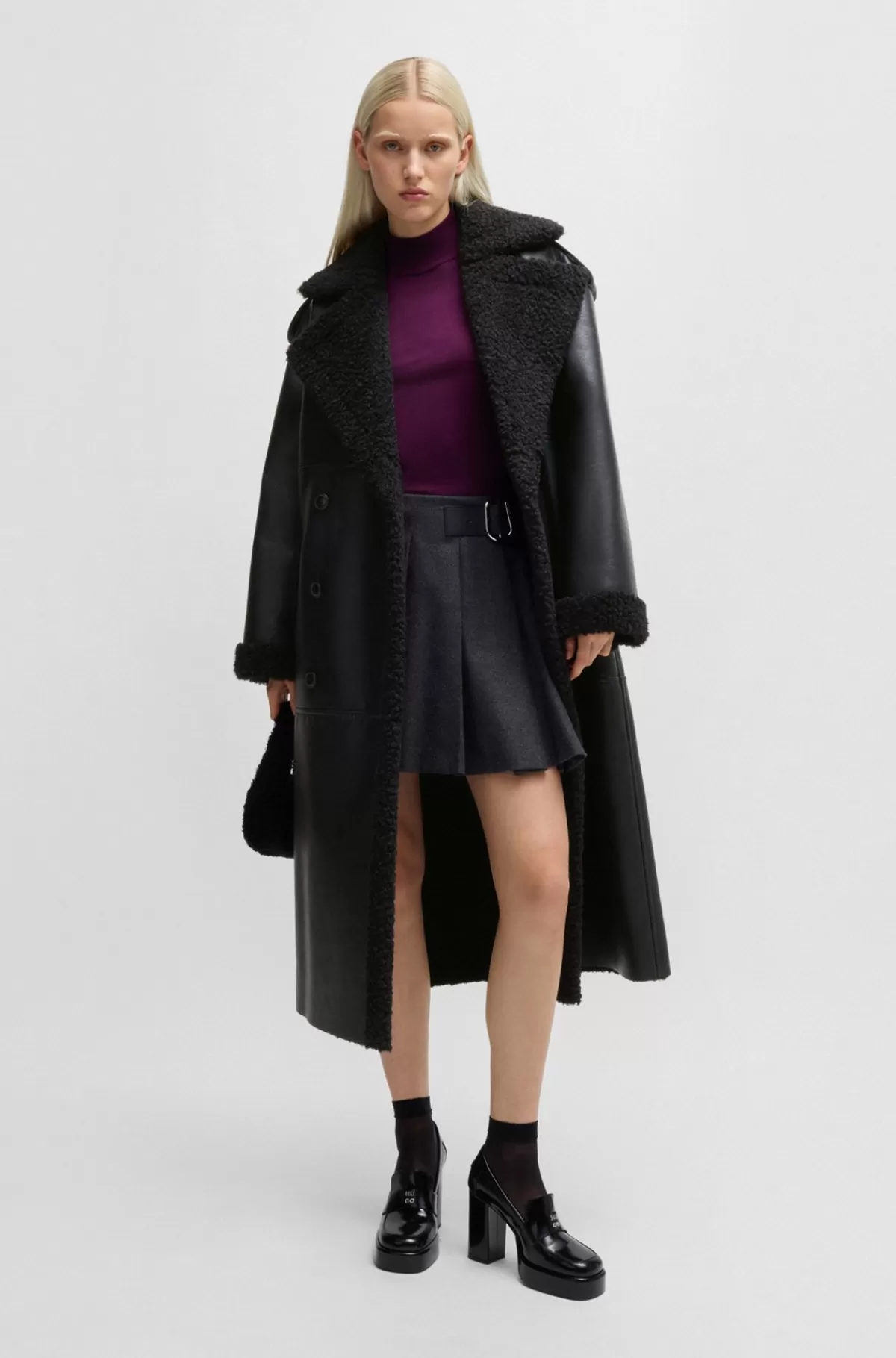 HUGO BOSS Frakke Med Oversize Fit I Imiteret Læder Med Detaljer I Imiteret Pels Sort Store