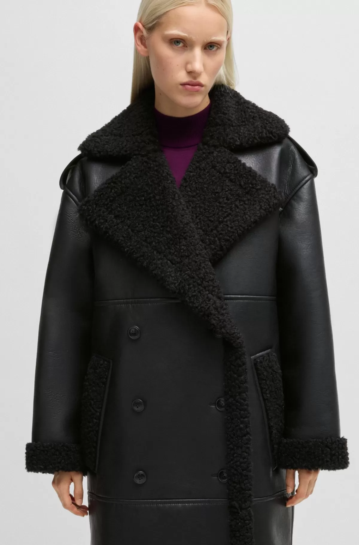 HUGO BOSS Frakke Med Oversize Fit I Imiteret Læder Med Detaljer I Imiteret Pels Sort Store