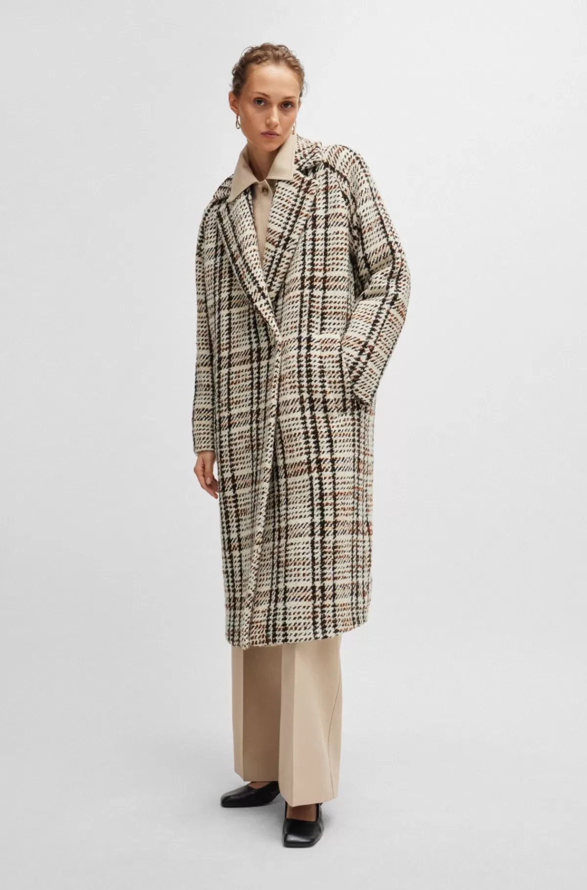 HUGO BOSS Frakke Med Oversize Fit I Ternet Stof Med Uld Beige mønstret Fashion