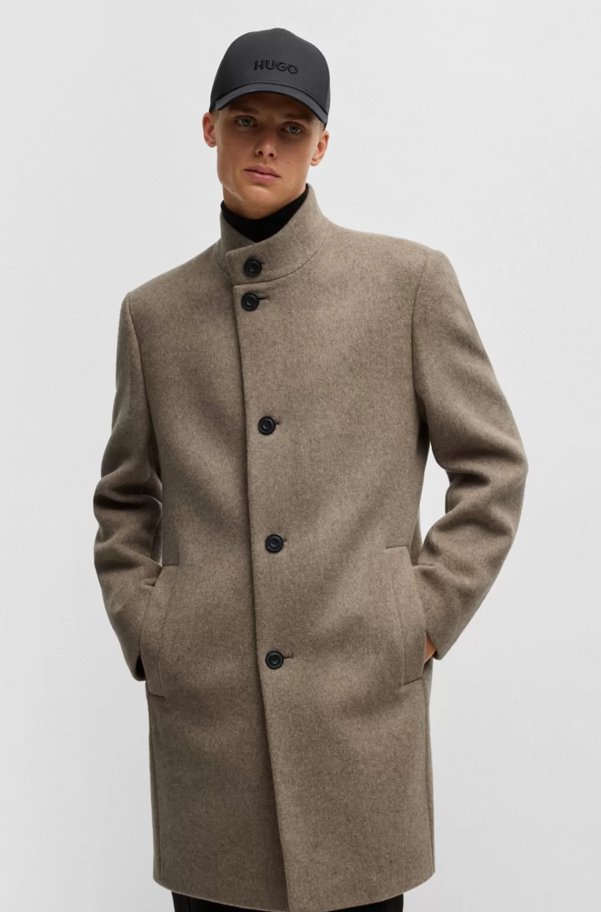 HUGO BOSS Frakke Med Regular Fit I Meleret Uldblanding Beige Outlet