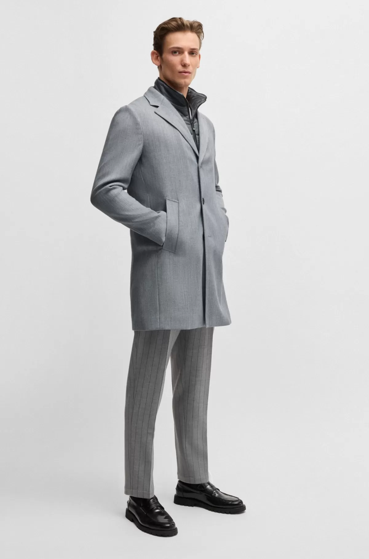 HUGO BOSS Frakke Med Slim Fit Og Aftagelig Lynlåshals Grå Clearance