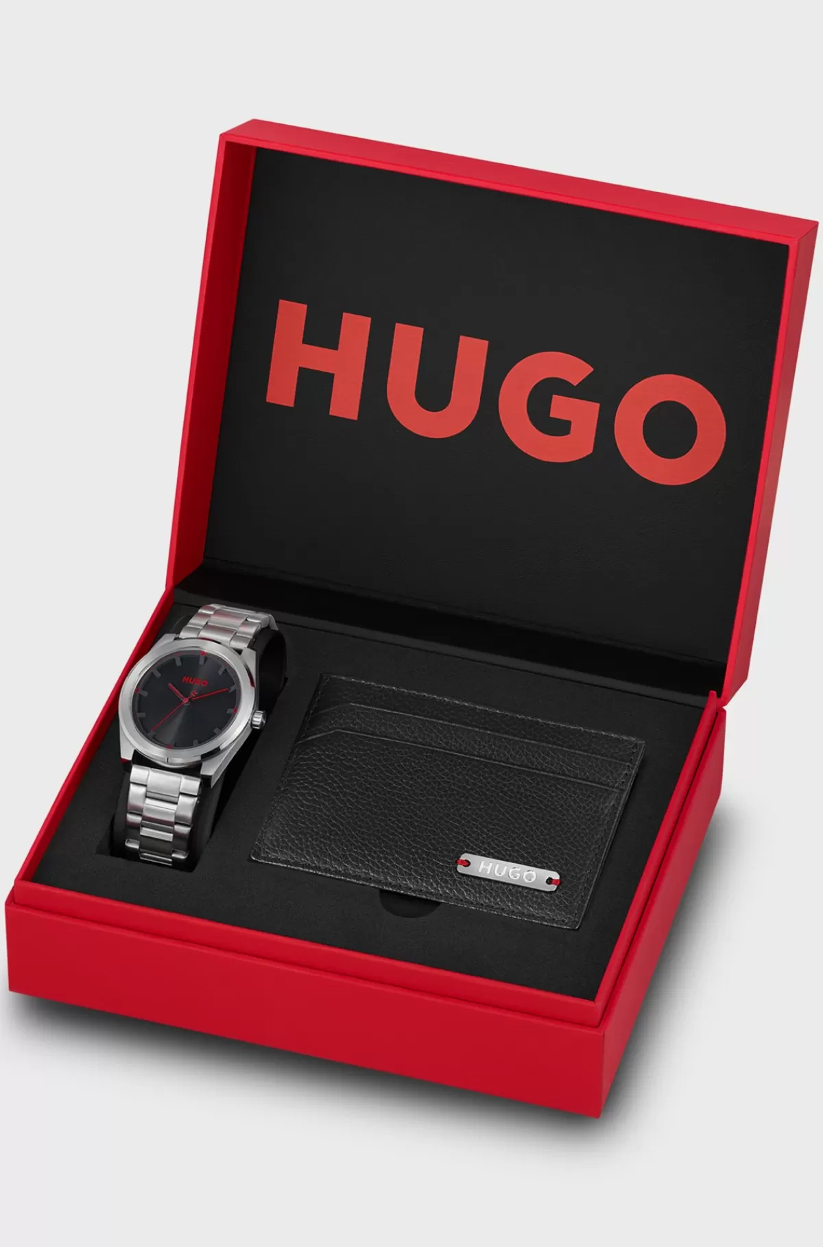 HUGO BOSS Gavesæt Med Kortholder I Læder Og Ur Med Sort Urskive Sølv Fashion
