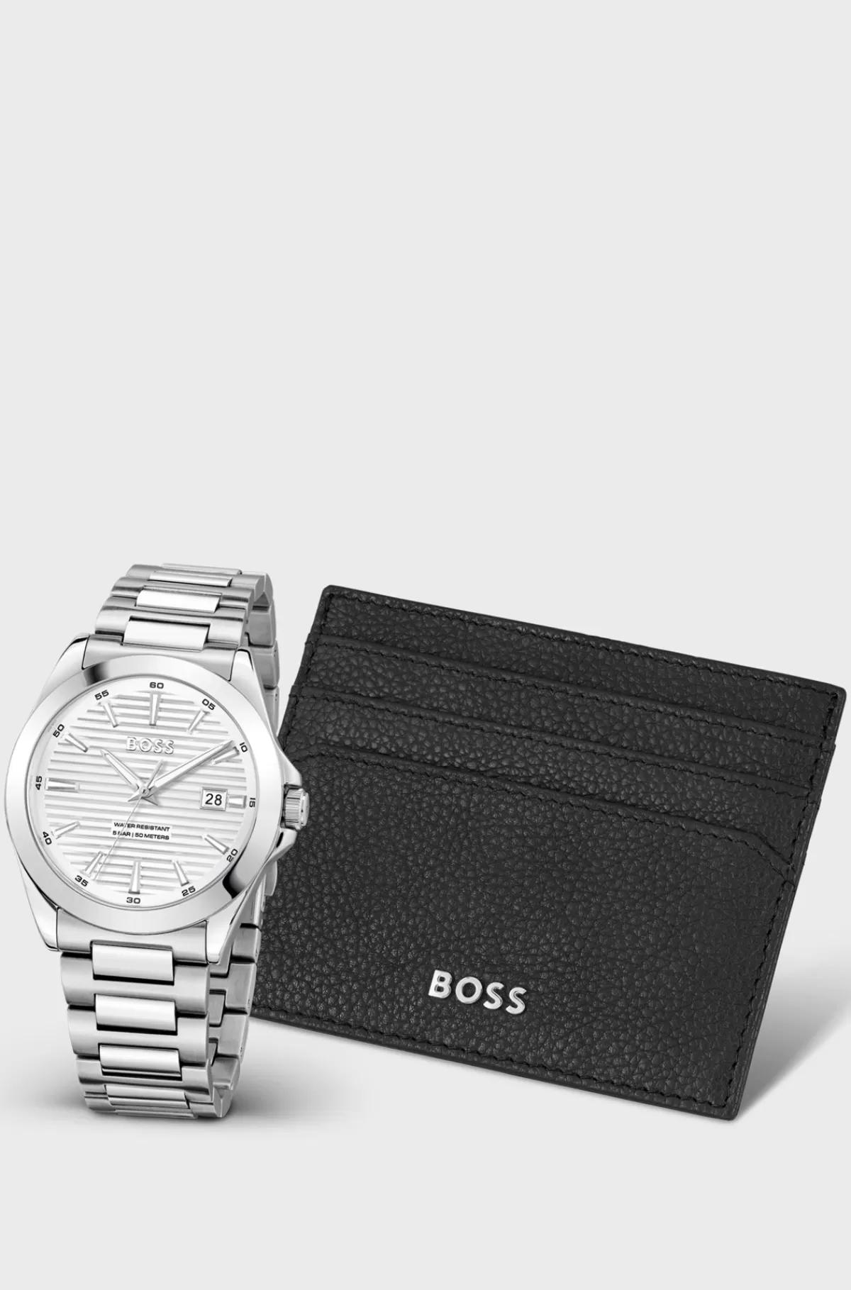 HUGO BOSS Gavesæt Med Ur Med Rillet Urskive Og Kortholder I Læder Sølv Online