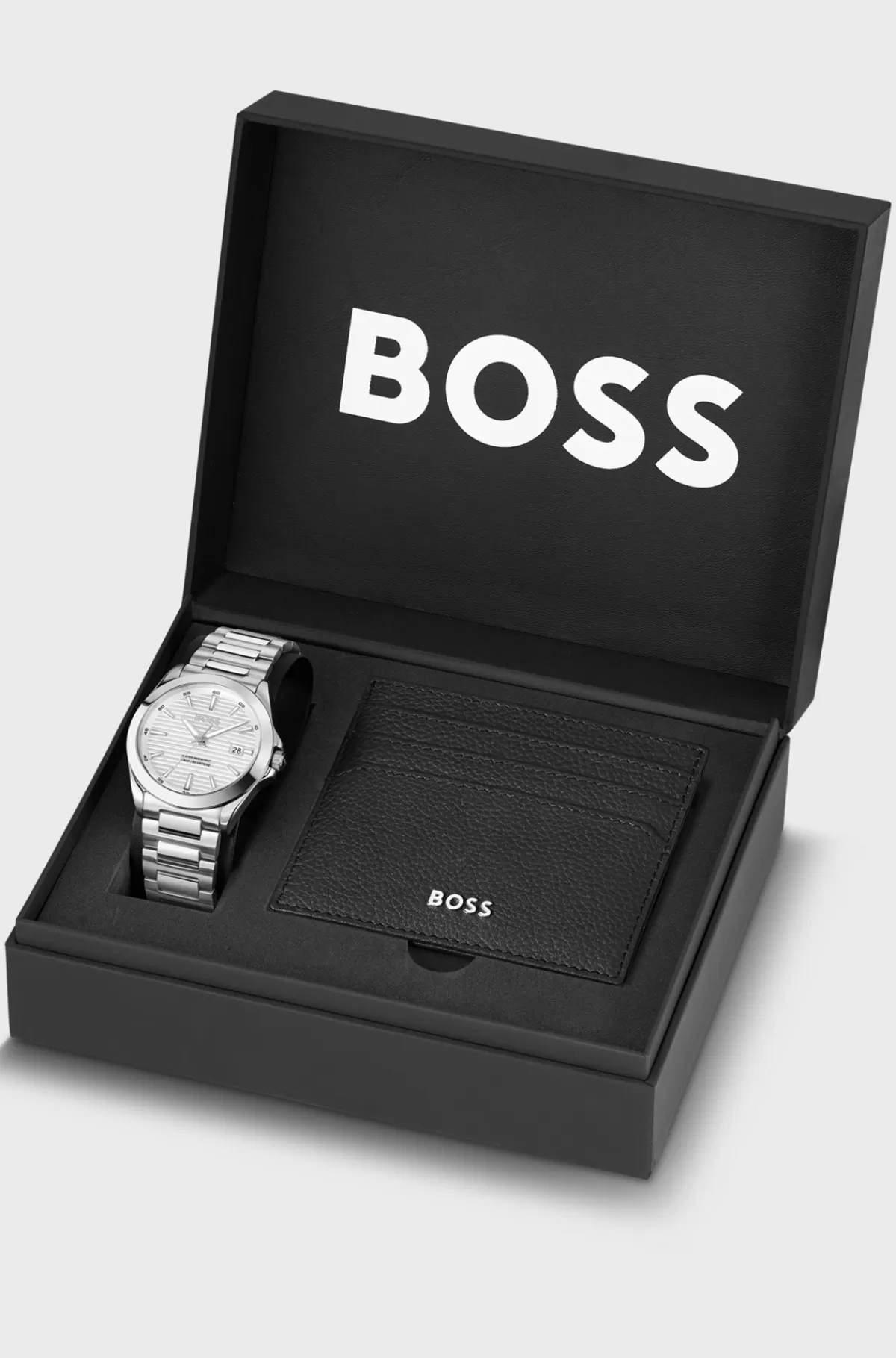 HUGO BOSS Gavesæt Med Ur Med Rillet Urskive Og Kortholder I Læder Sølv Online