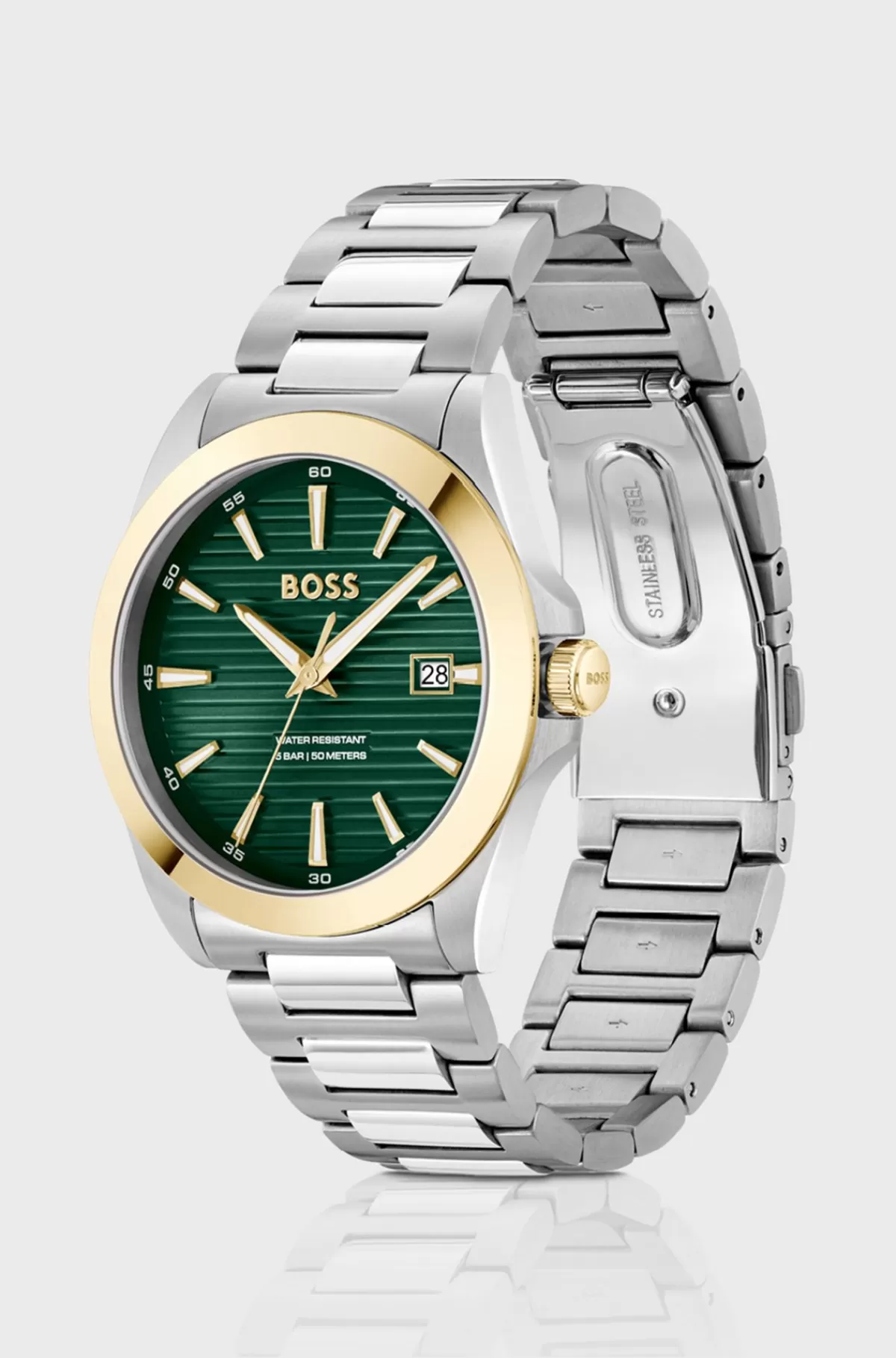HUGO BOSS Gold- And Silver-tone Watch With Green Grooved Dial Sølv Best Sale