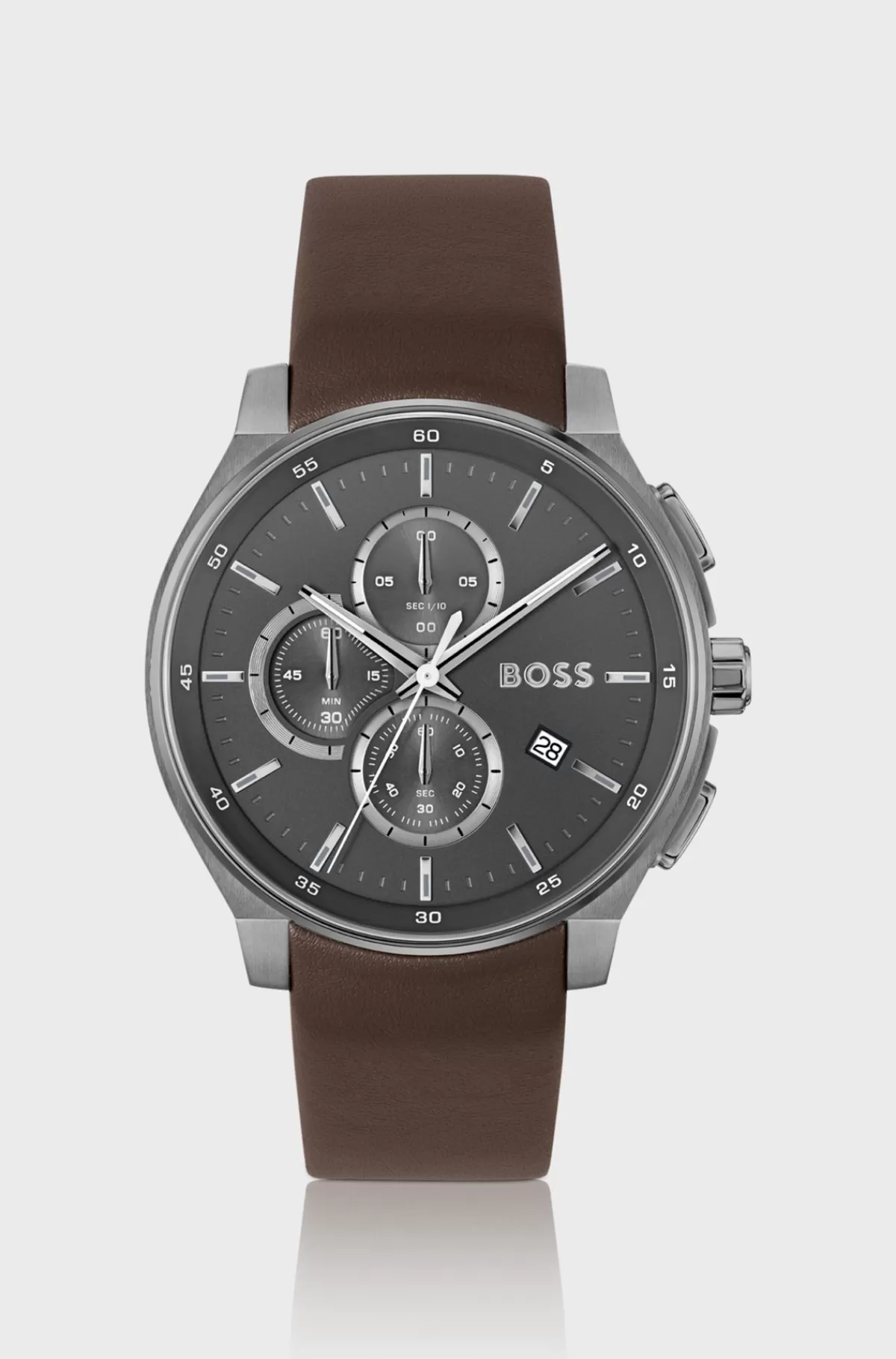 HUGO BOSS Grey-plated Chronograph Watch With Leather Strap Brun Sale