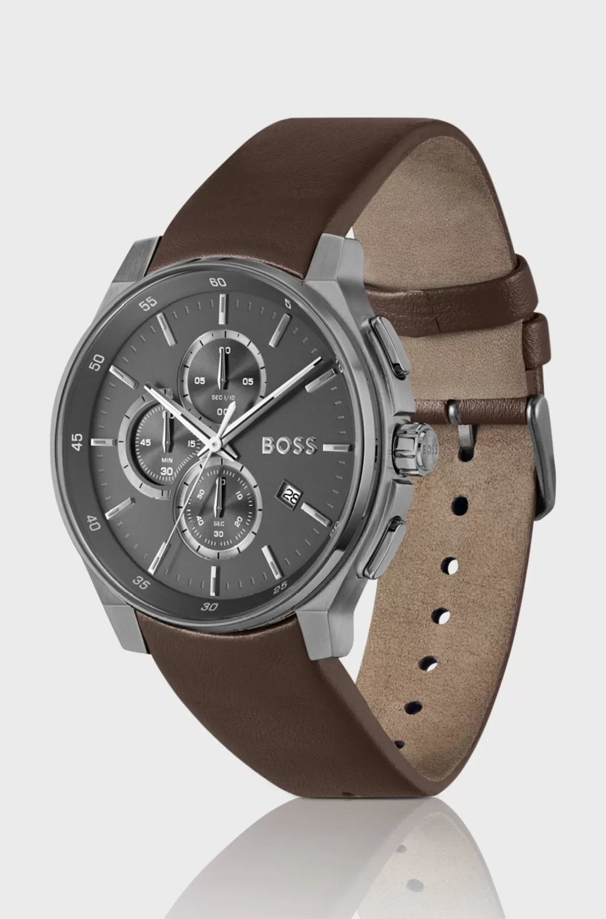 HUGO BOSS Grey-plated Chronograph Watch With Leather Strap Brun Sale