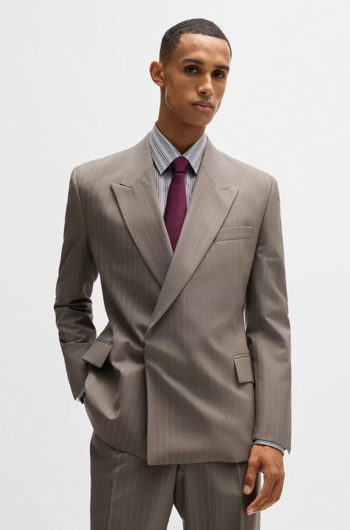 HUGO BOSS Habitjakke Med Regular Fit I Nålestribet Ny Uld Grå New