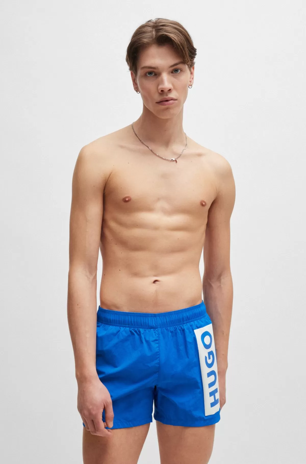 HUGO BOSS Halvforede Badeshorts I Hurtigtørrende Stof Med Lodret Logo Blå Cheap
