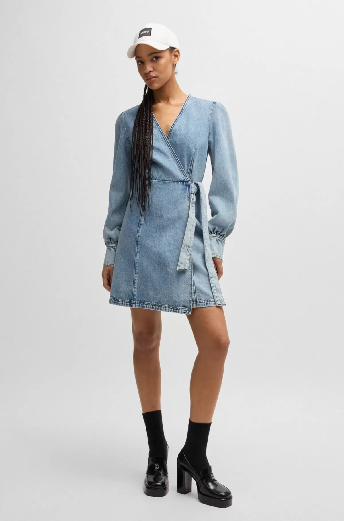 HUGO BOSS Havblå Slå Om-kjole I Kraftig Denim Lyseblå Best