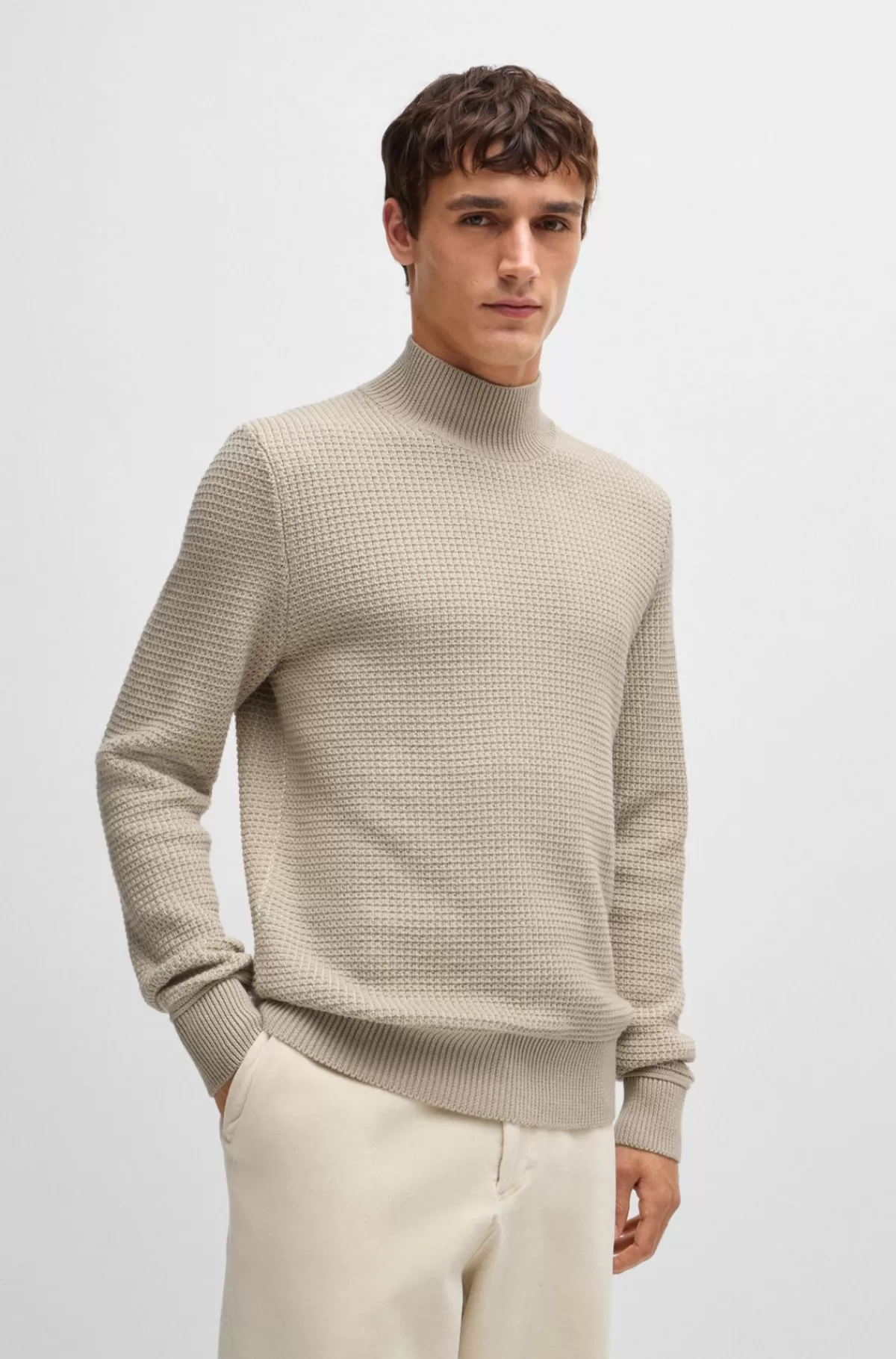 HUGO BOSS Højhalset Sweater I Ny Uld Og Bomuld Lys beige Flash Sale
