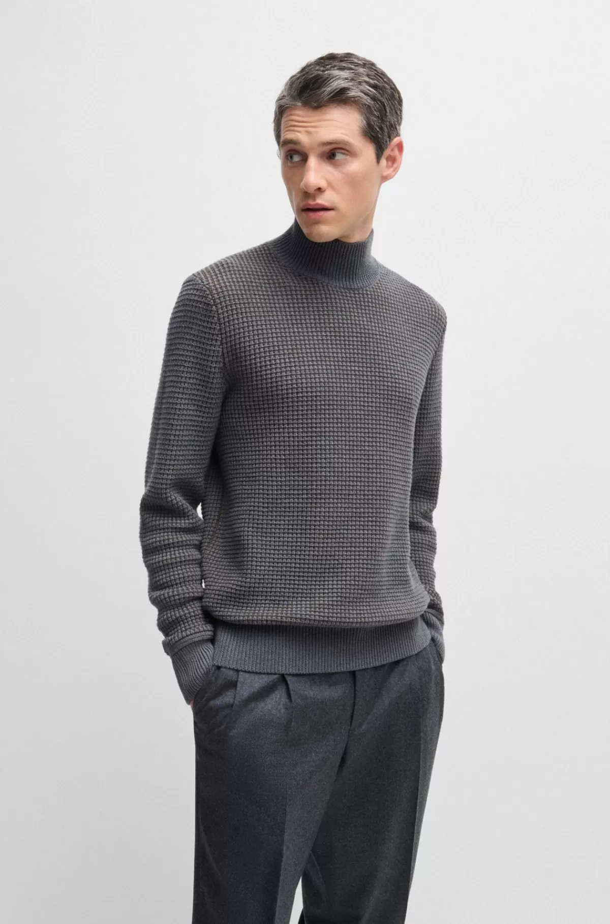 HUGO BOSS Højhalset Sweater I Ny Uld Og Bomuld Grå Cheap