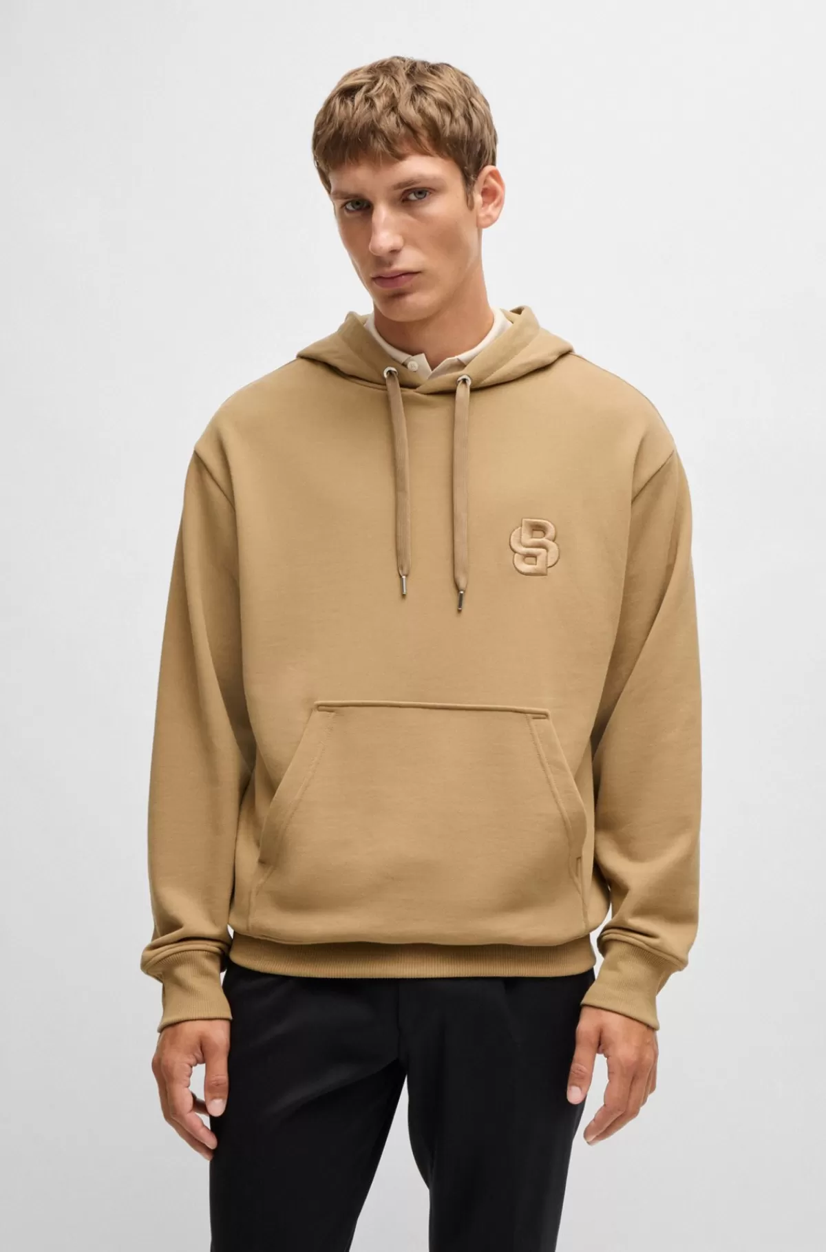 HUGO BOSS Hættetrøje I Bomuld Med Oversize Fit Og Dobbelt B-monogram Beige Sale
