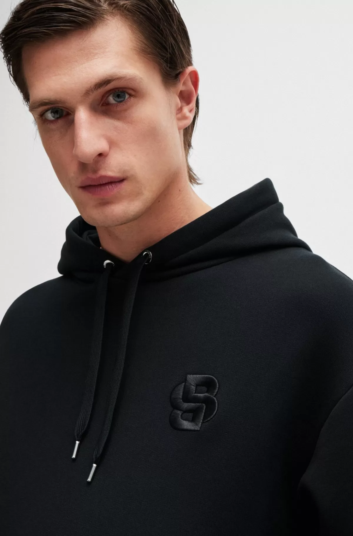 HUGO BOSS Hættetrøje I Bomuld Med Oversize Fit Og Dobbelt B-monogram Sort Outlet
