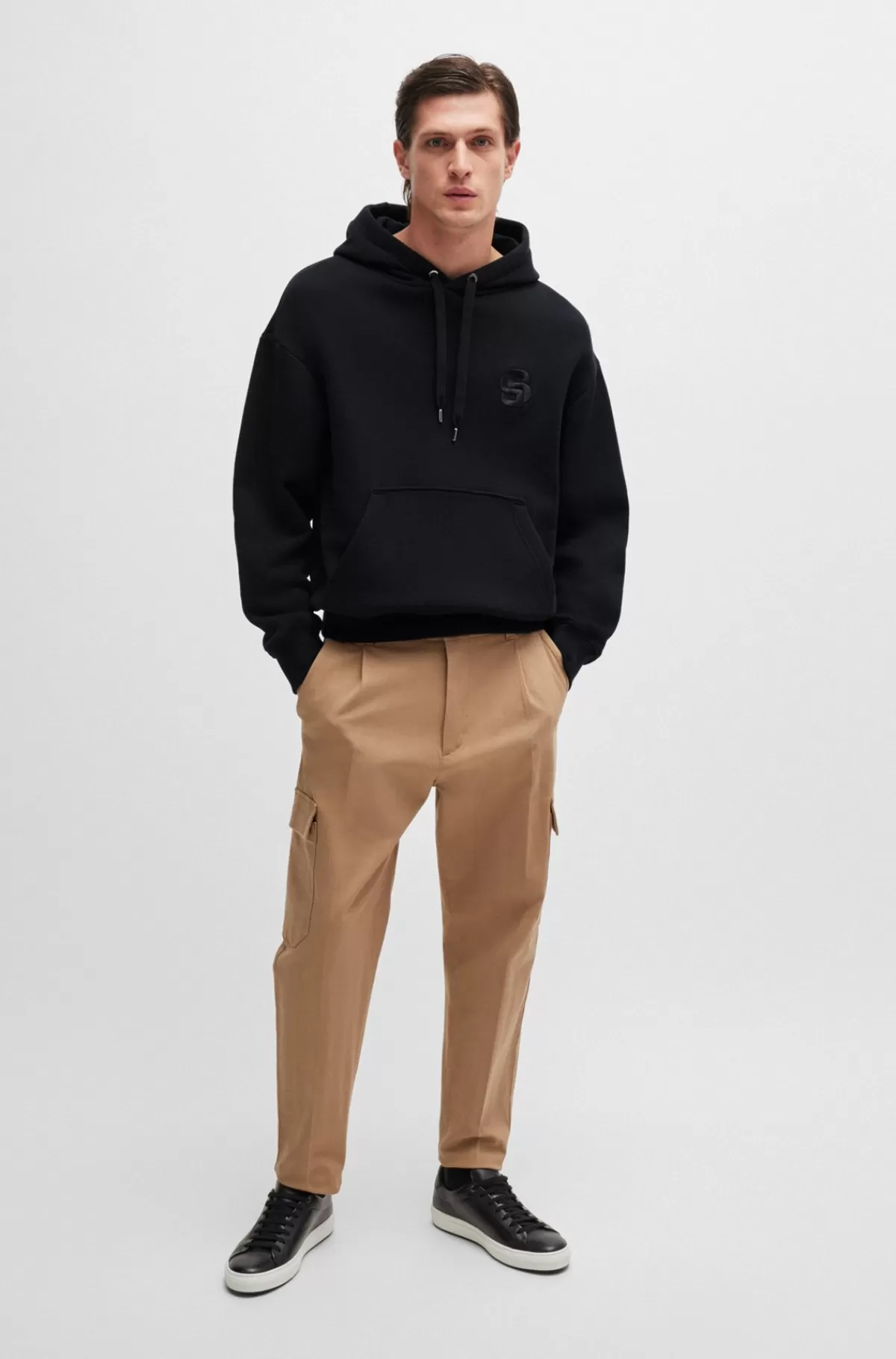 HUGO BOSS Hættetrøje I Bomuld Med Oversize Fit Og Dobbelt B-monogram Sort Outlet