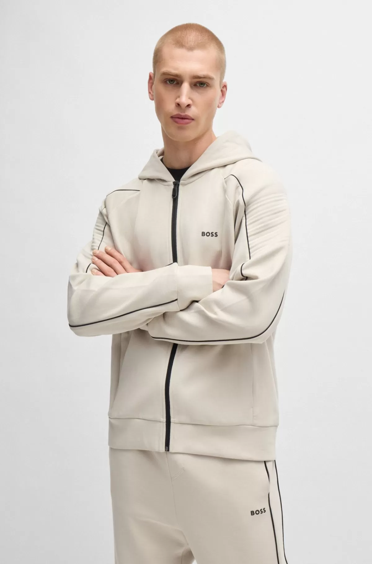 HUGO BOSS Hættetrøje I Bomuld Med Stræk Og Lynlås Samt Grafisk Prægning Lys beige Fashion