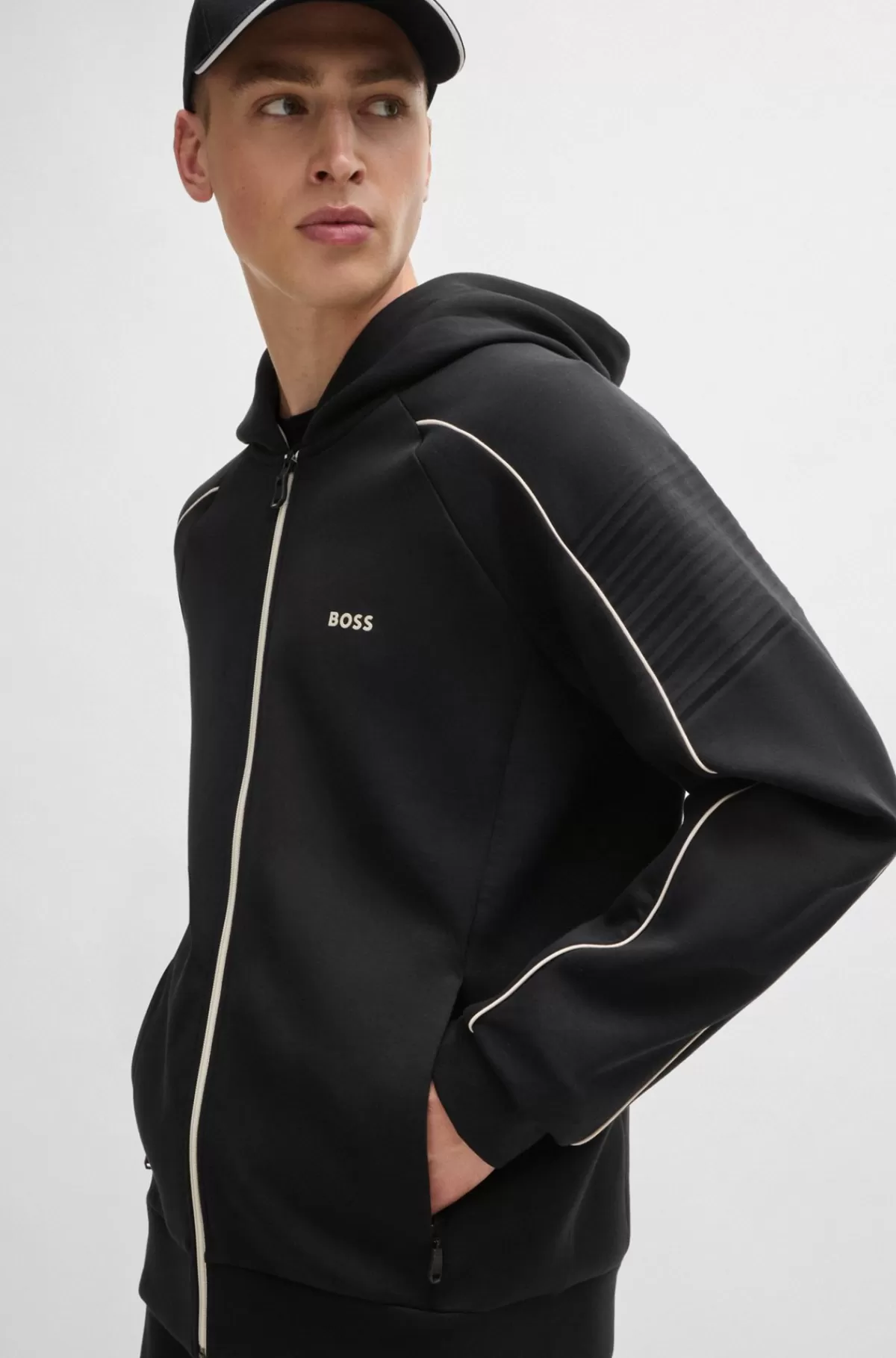 HUGO BOSS Hættetrøje I Bomuld Med Stræk Og Lynlås Samt Grafisk Prægning Sort Hot