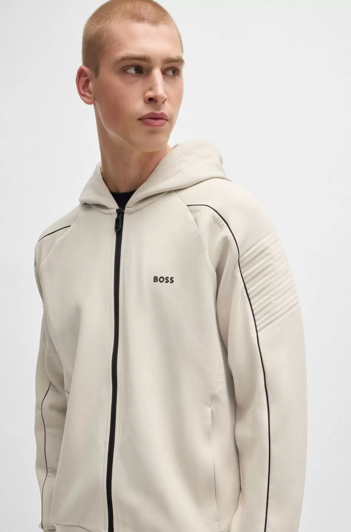 HUGO BOSS Hættetrøje I Bomuld Med Stræk Og Lynlås Samt Grafisk Prægning Lys beige Fashion