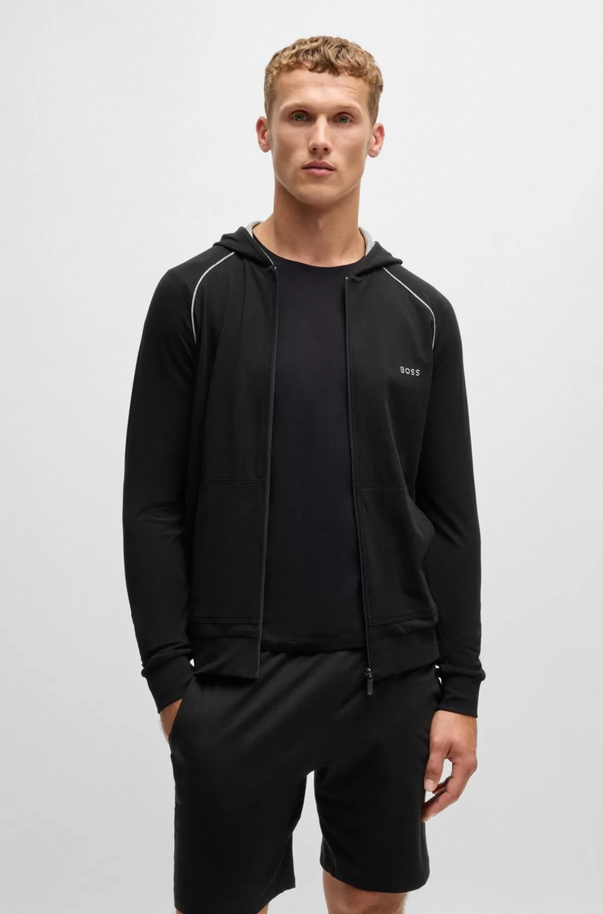 HUGO BOSS Hættetrøje I Bomuld Med Stræk Samt Lynlås Og Broderet Logo Sort Flash Sale